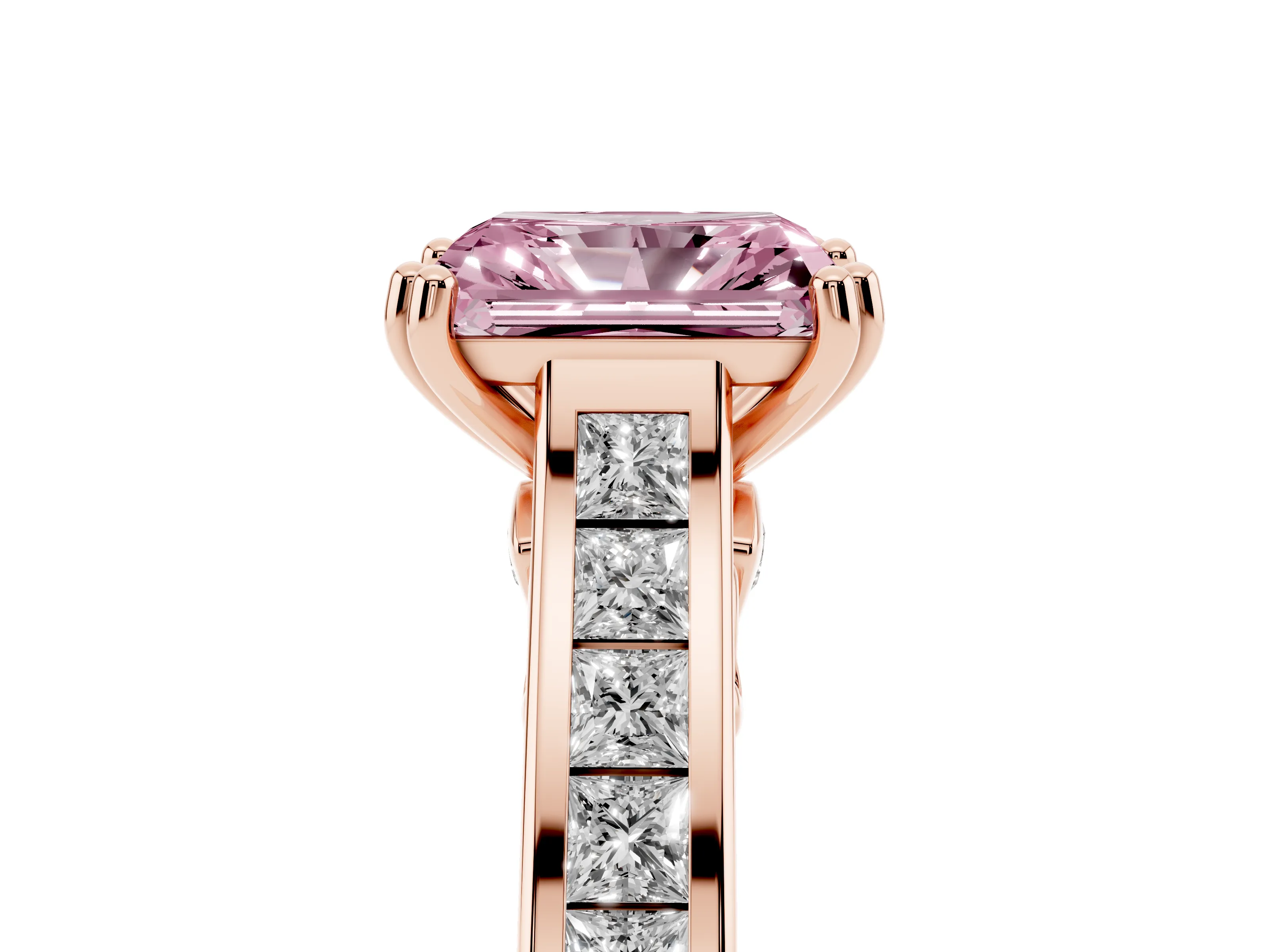 Fancy Pink Radiant Cut Diamond Channel Set Solitaire Engagement Ring Set in Rose gold with Prong Setting