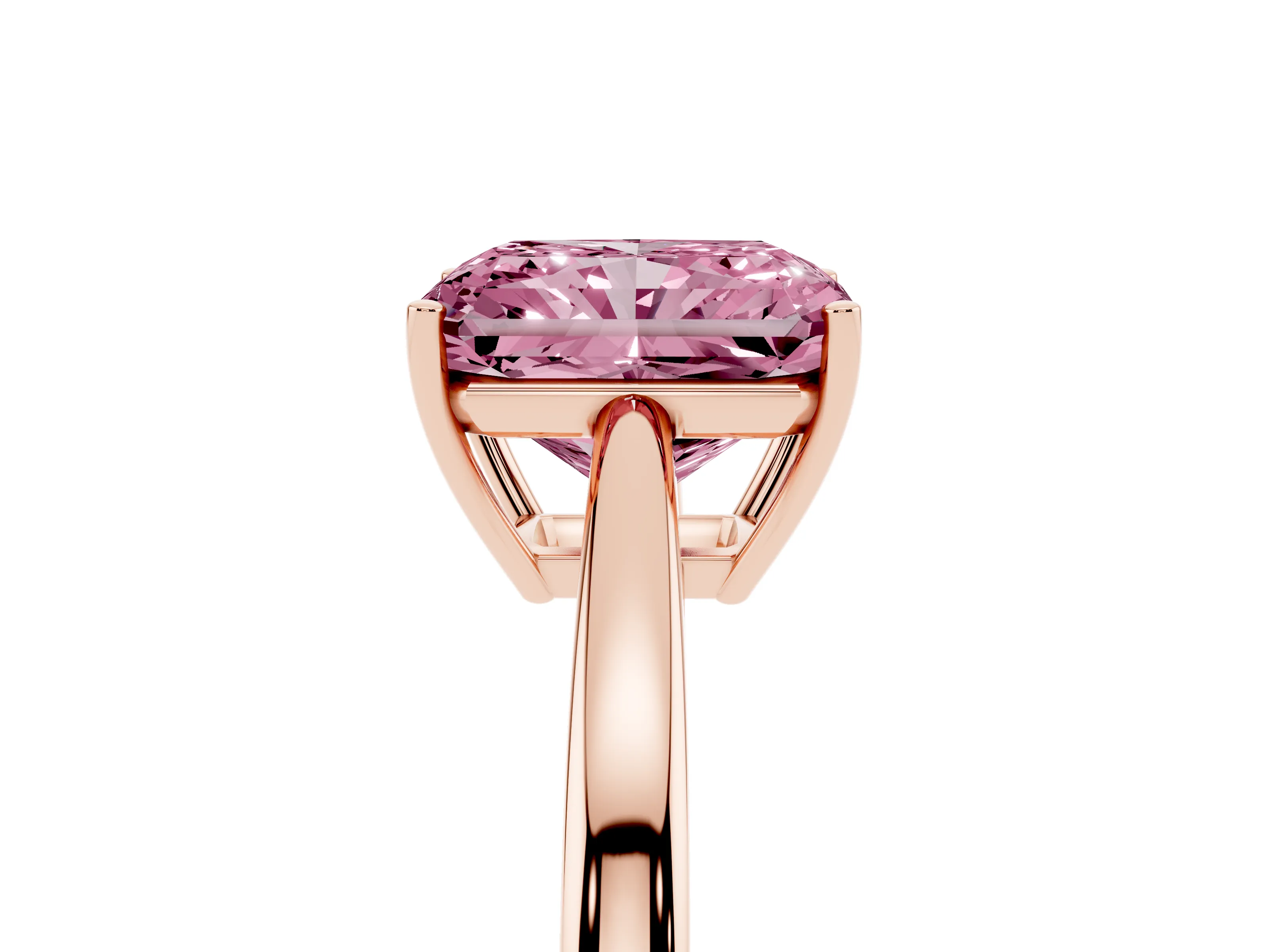 Fancy Pink Radiant Cut Diamond Solitaire Ring Set in Rose gold with Split Shank and Prong Setting