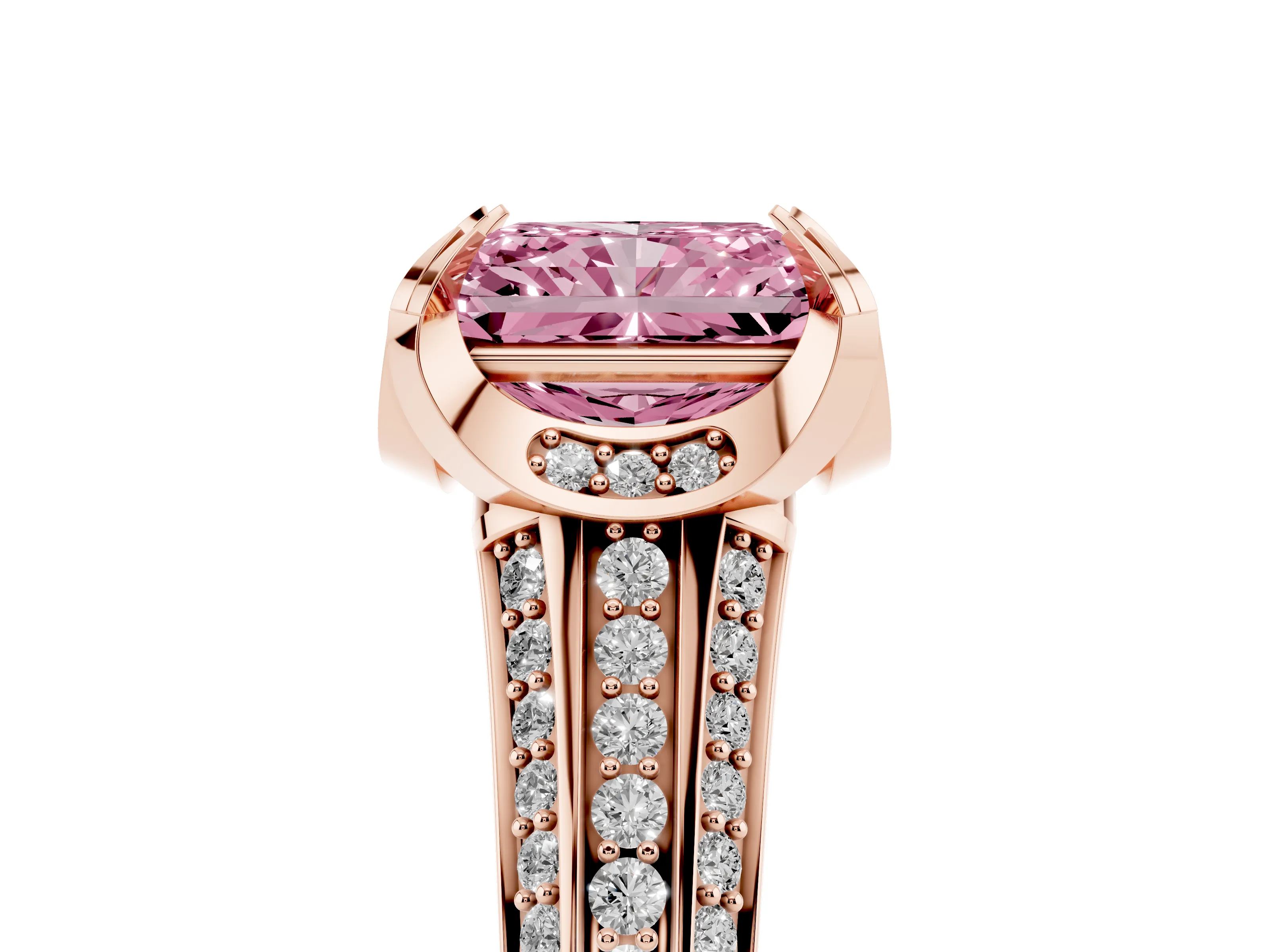 Fancy Pink Radiant Cut Diamond Pavé Split Shank Solitaire Ring Set in Rose gold with Prong Setting