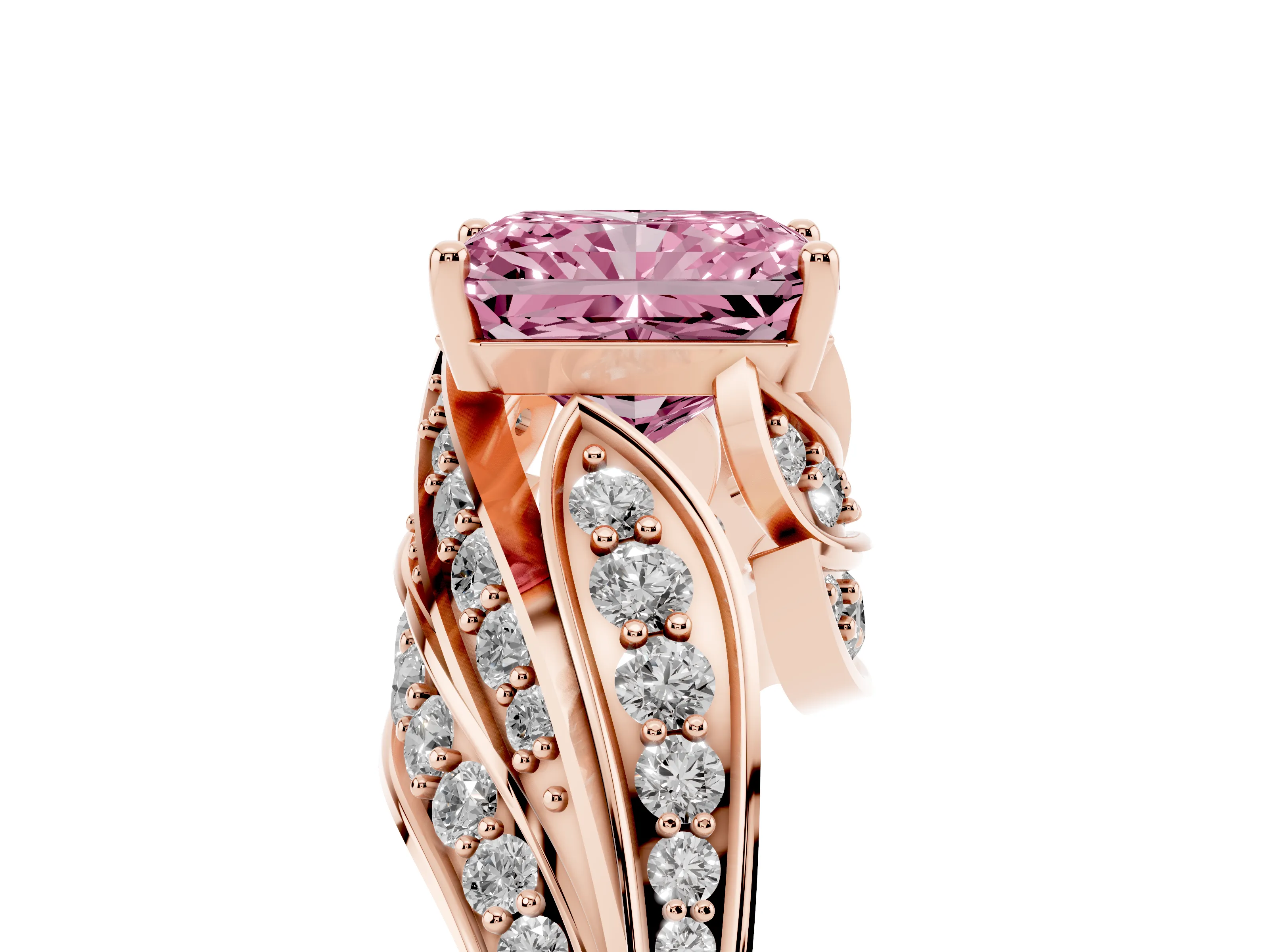 Fancy Pink Radiant Cut Diamond Solitaire Ring Set in Rose gold with Layered Twist Pavé Band