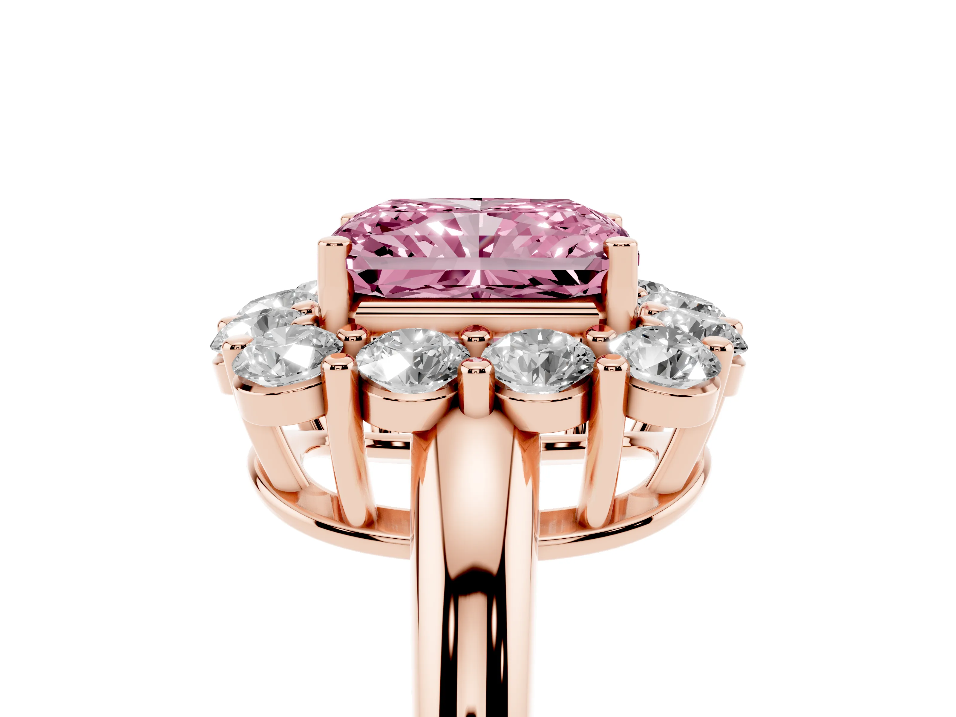 Fancy Pink Radiant Cut Diamond Halo Cluster Engagement Ring Set in Rose gold with Polished Band and Prong Setting