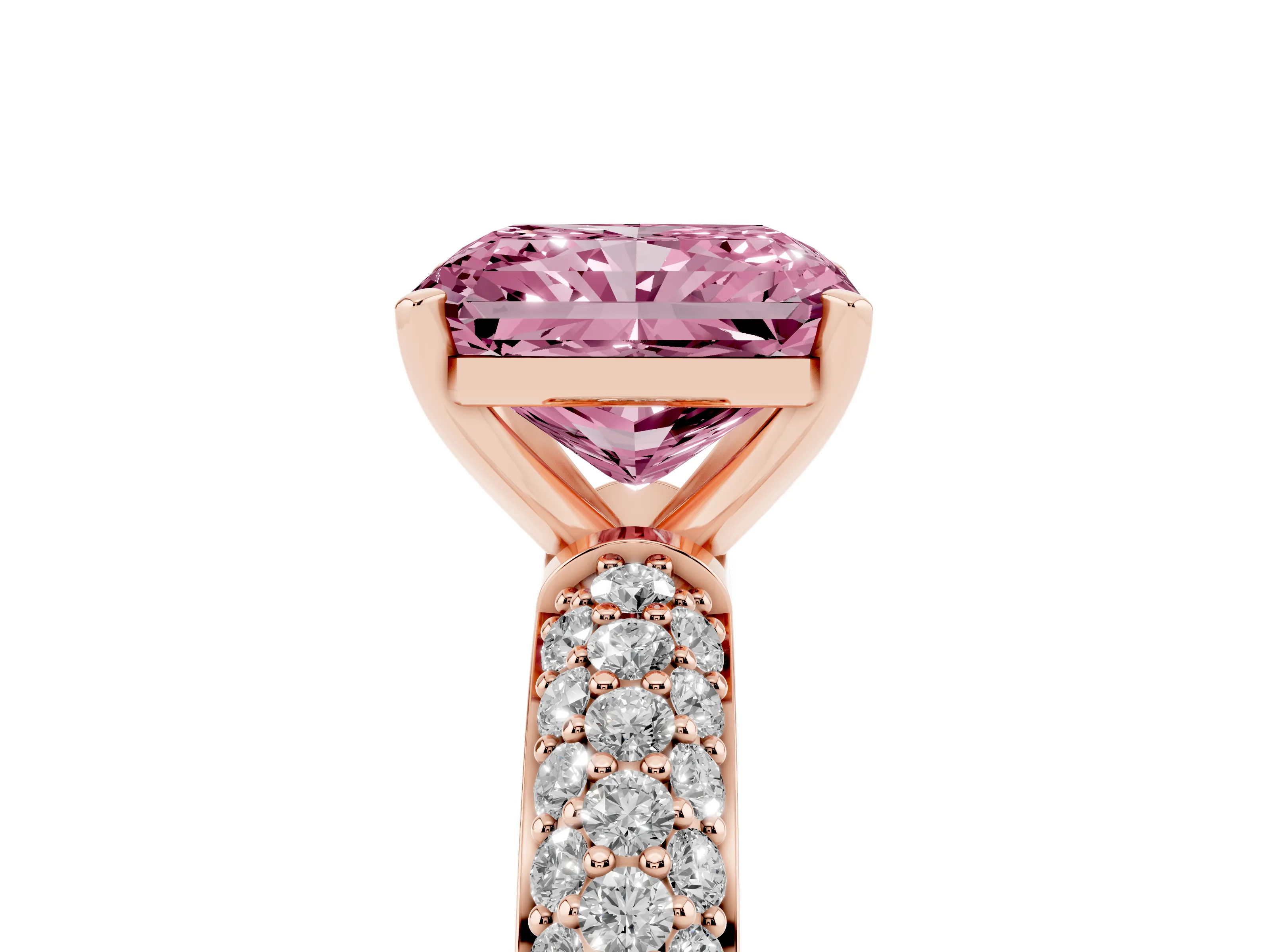 Fancy Pink Radiant Cut Diamond Solitaire Ring Set in Rose gold with Prong Setting and Pavé-Set Band