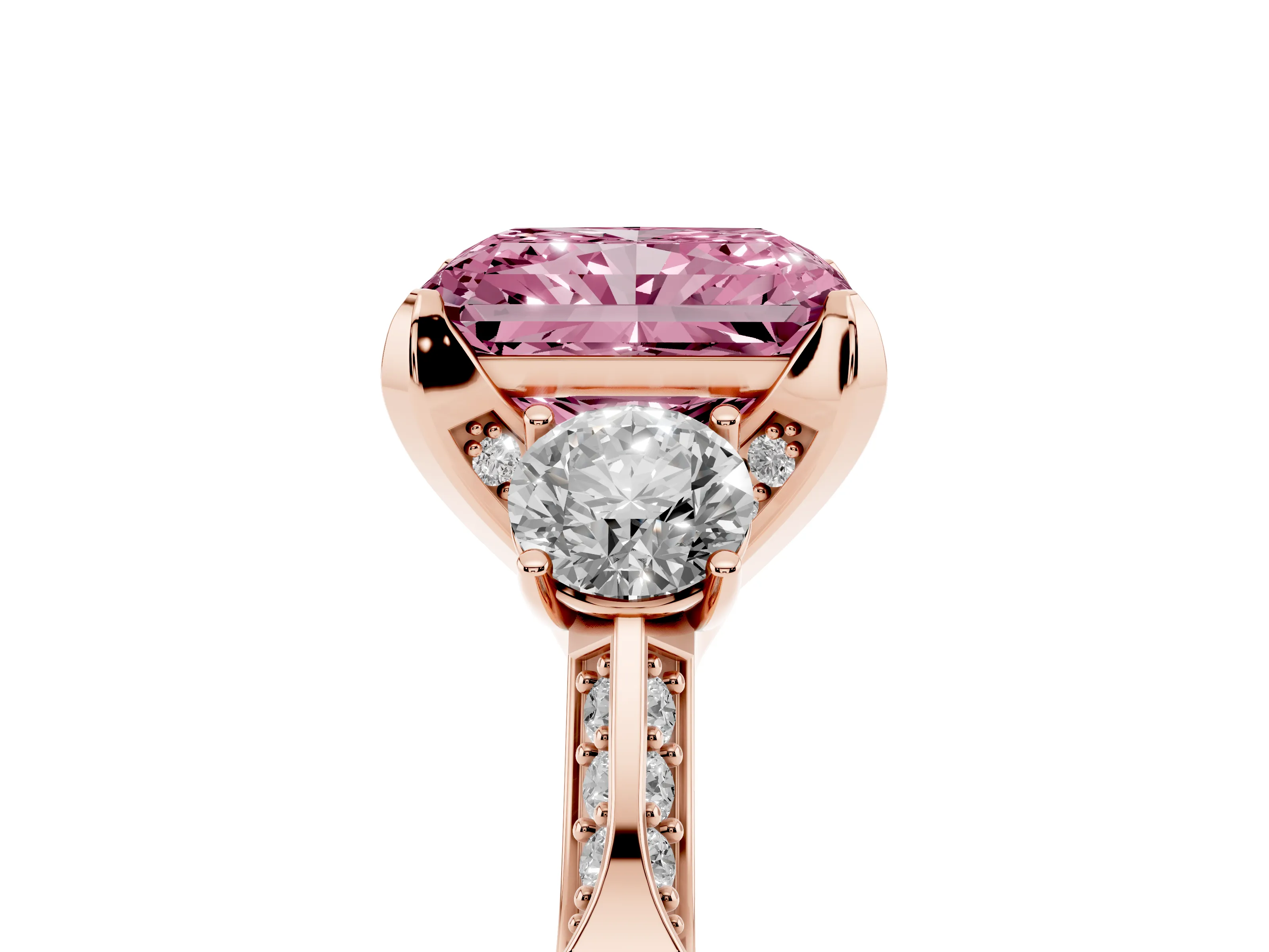 Fancy Pink Radiant Cut Diamond Three-Stone Ring Set in Rose gold with Pavé Band and Smaller Side Stones