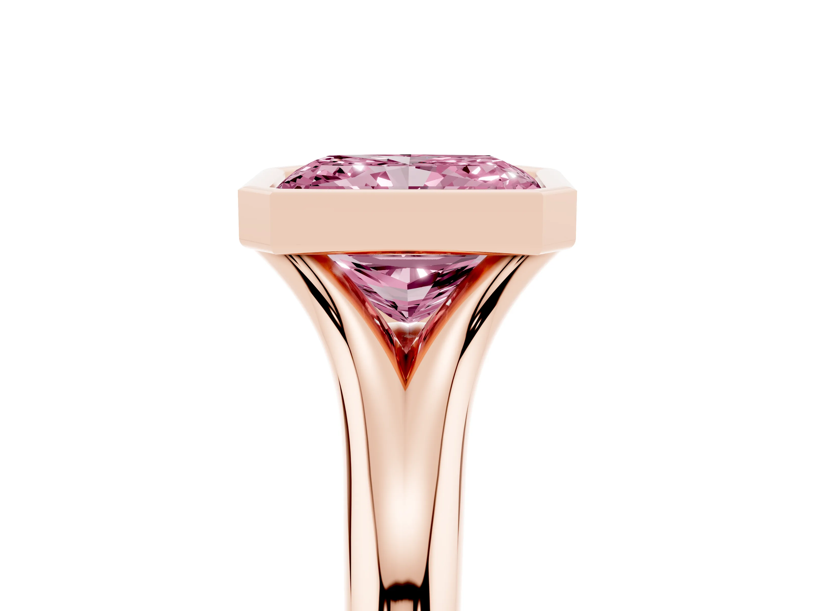 Fancy Pink Bezel Set Radiant Cut Diamond Solitaire Ring Set in Rose gold with Smooth Band