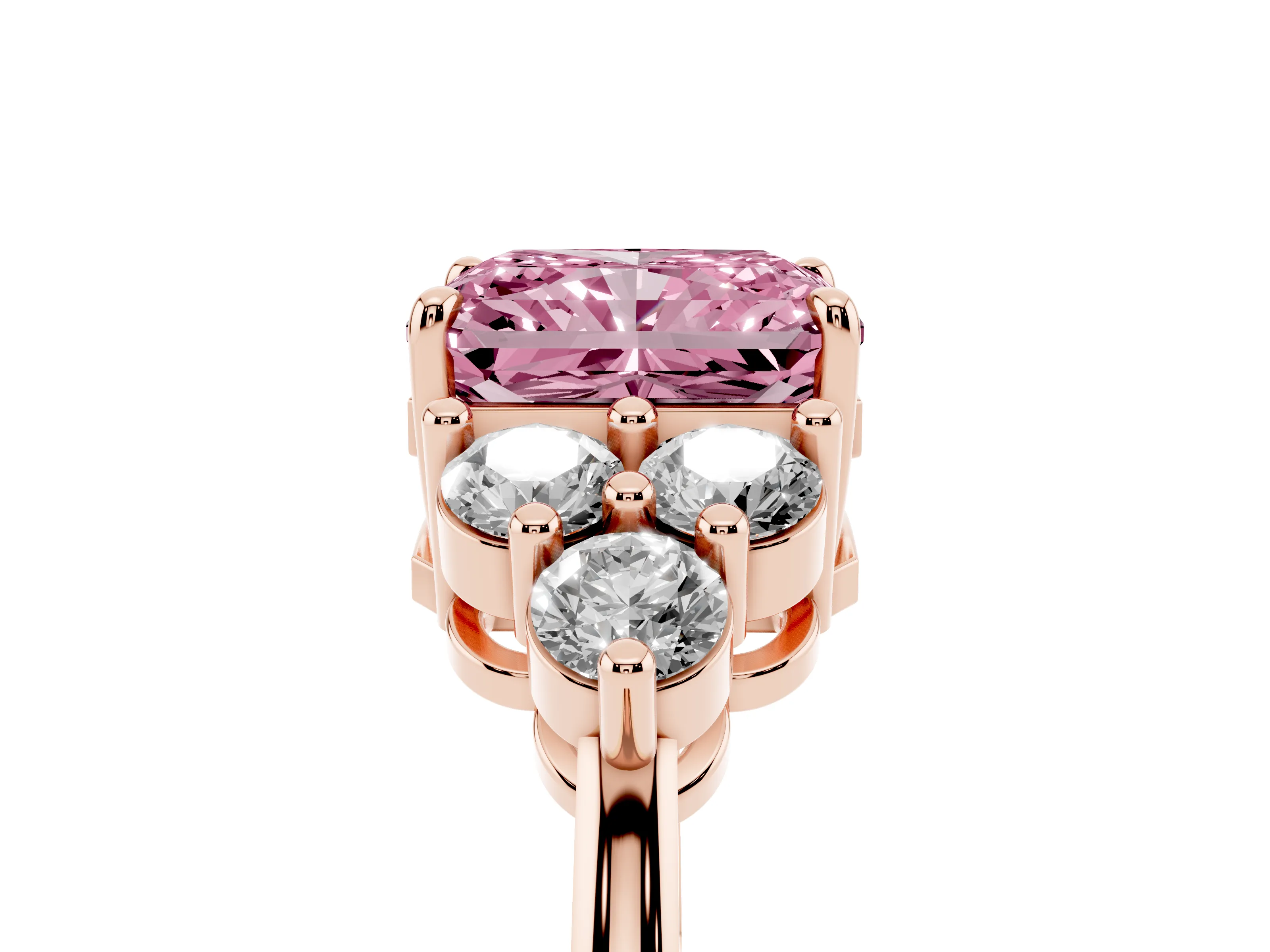 Fancy Pink Radiant Cut Diamond Solitaire Ring Set in Rose gold with Cluster Accents on Each Side