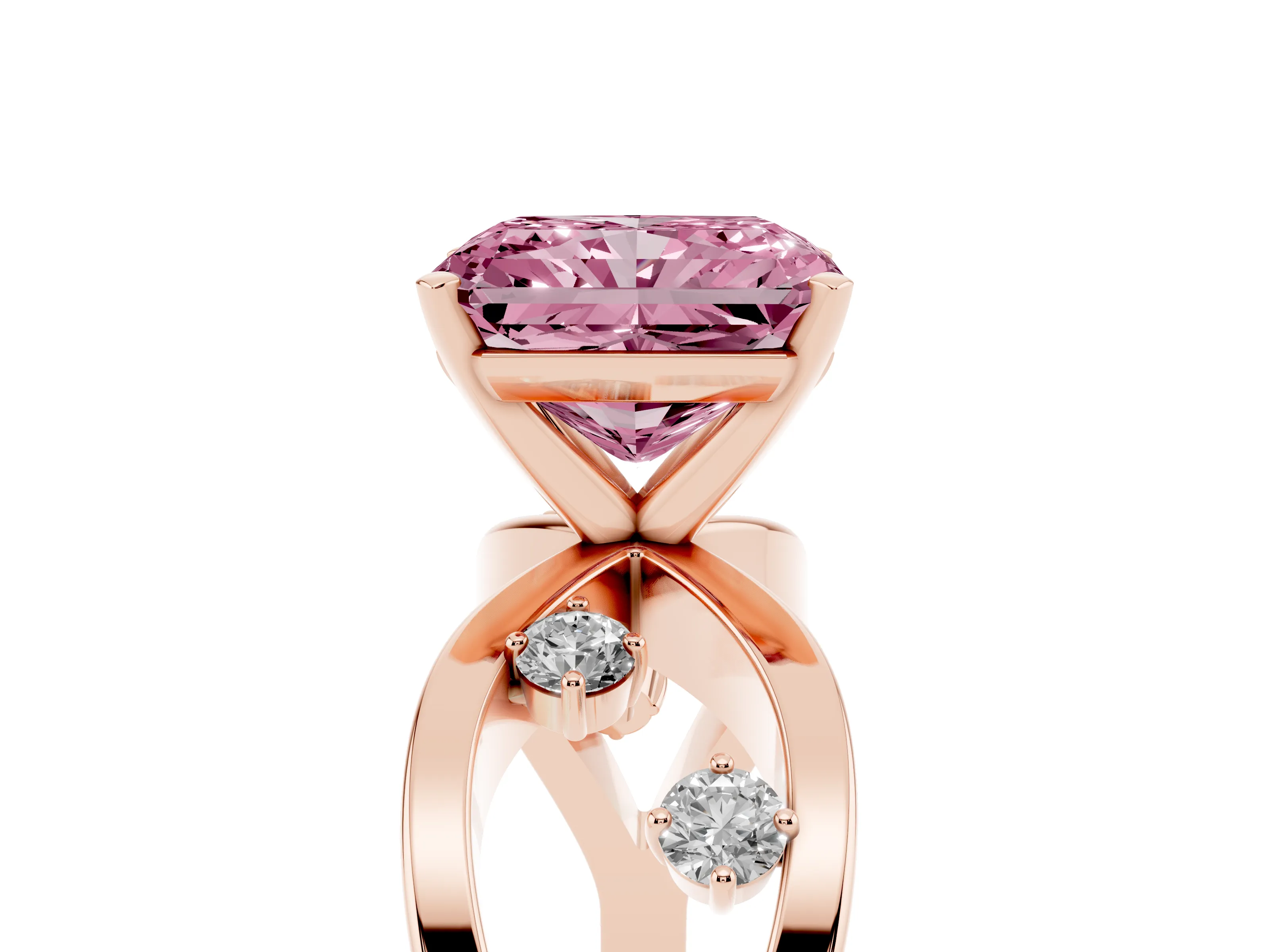 Fancy Pink Radiant Cut Diamond Solitaire Ring Set in Rose gold with Side Stones on Criss-Cross Band and Prong Setting