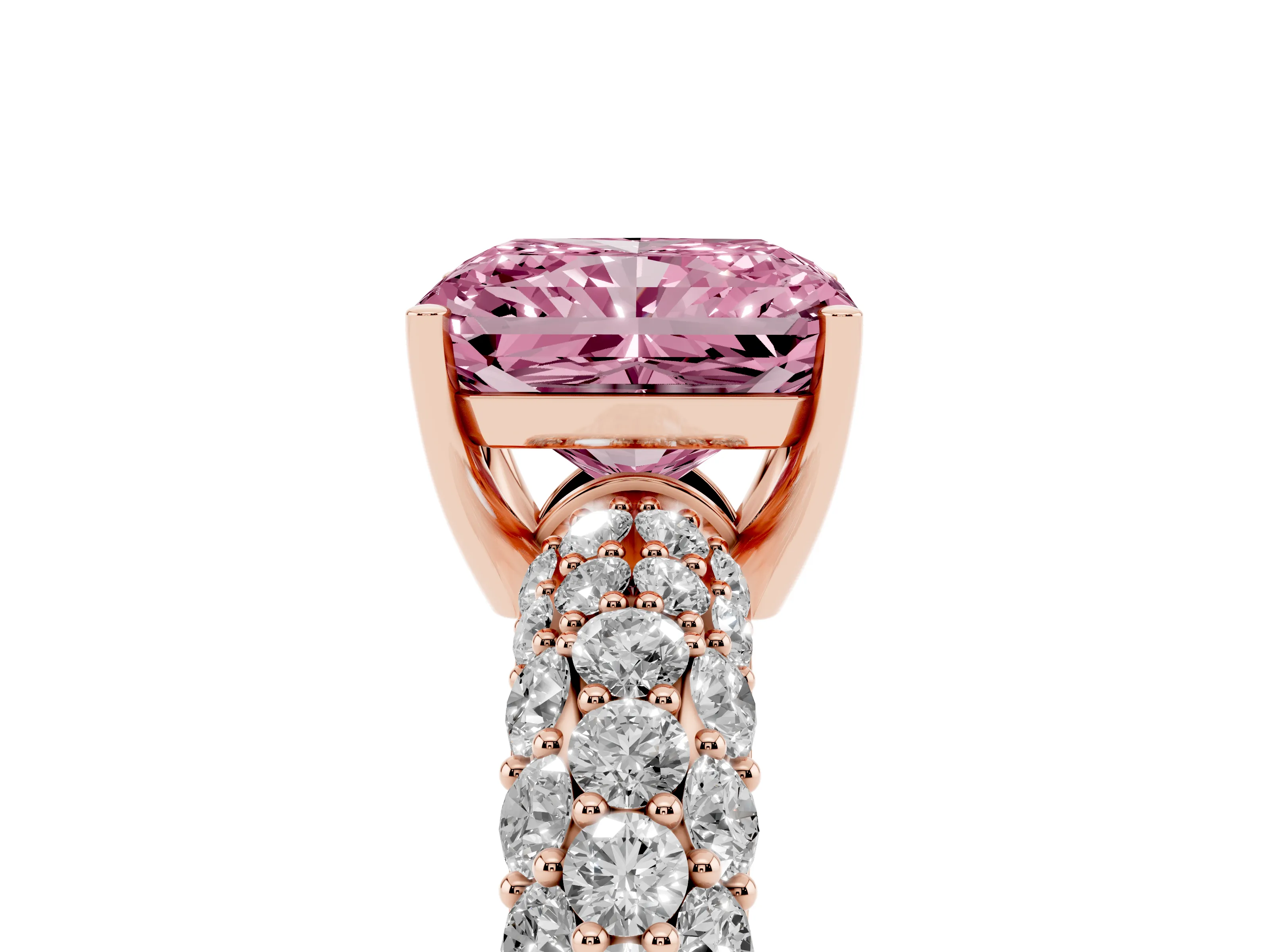 Fancy Pink Radiant Cut Diamond Pavé Band Solitaire Ring Set in Rose gold with Close-Set Accent Stones and Prong Setting