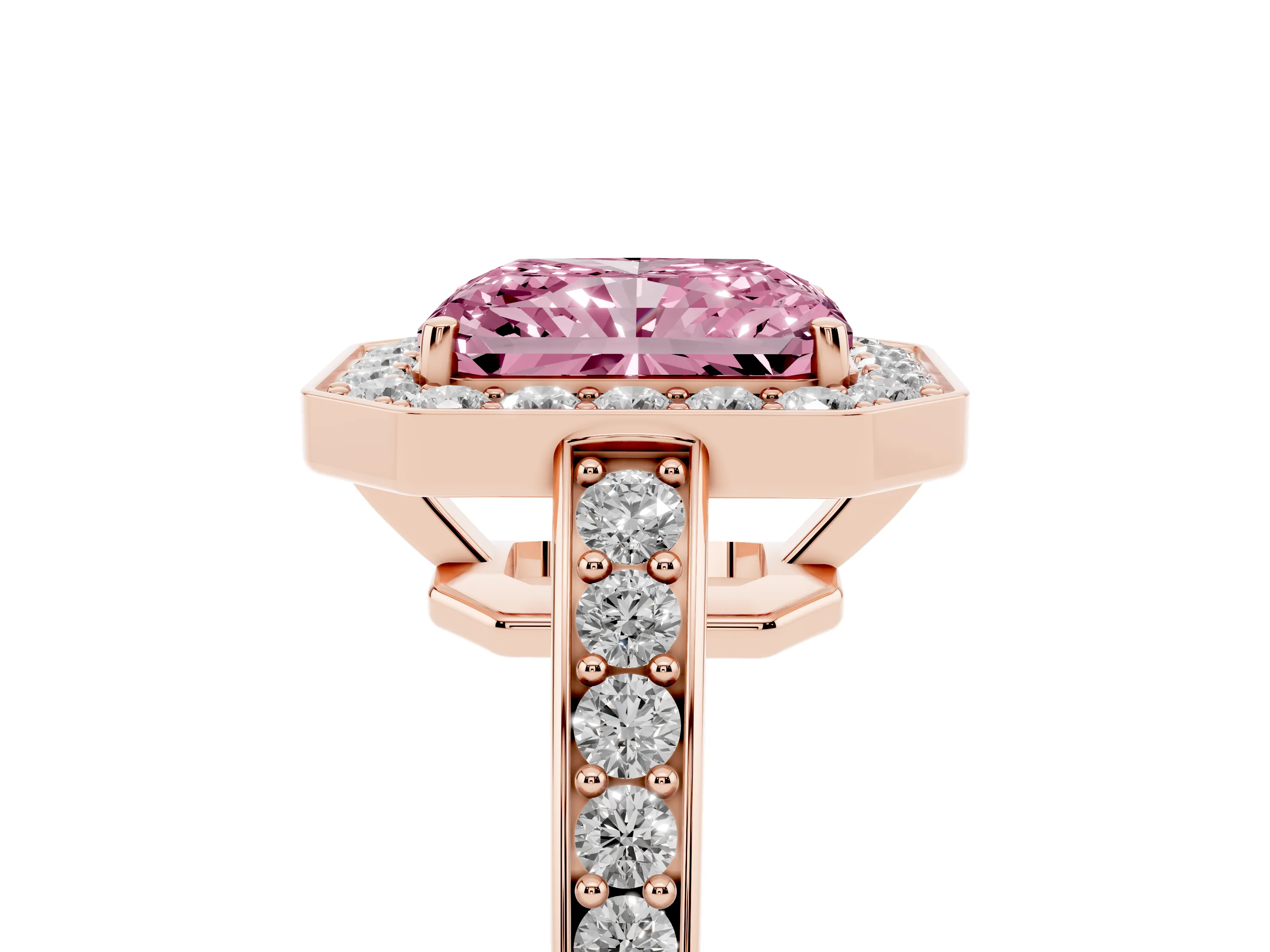 Fancy Pink Radiant Cut Diamond Halo Pavé Engagement Ring Set in Rose gold with Bezel Setting