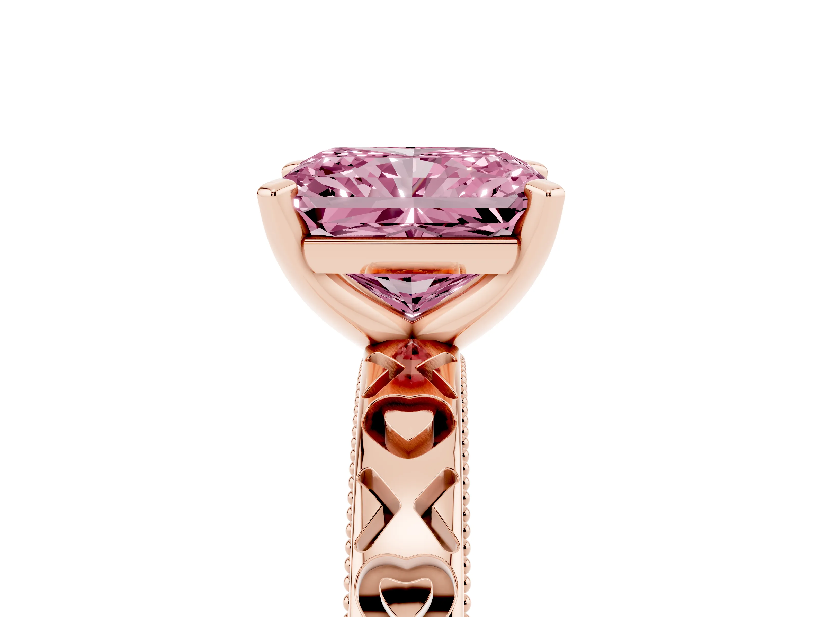 Fancy Pink Radiant Cut Diamond Solitaire Engagement Ring Set in Rose gold with XO Engraved Band and Prong Setting