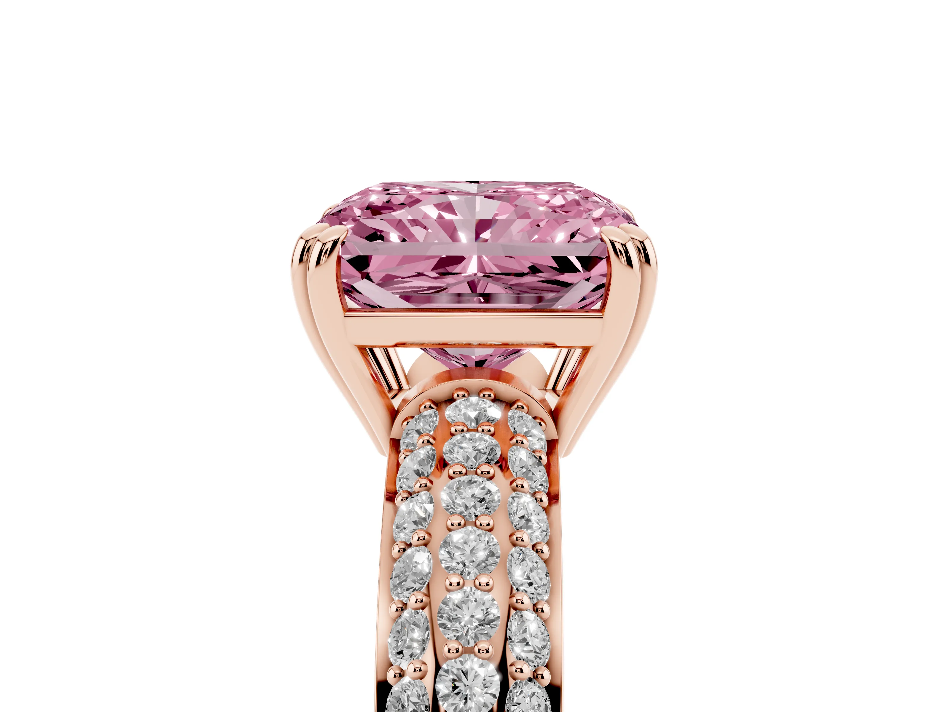 Fancy Pink Radiant Cut Diamond Solitaire Ring Set in Rose gold with Multi-Row Round Pavé Band and Prong Setting