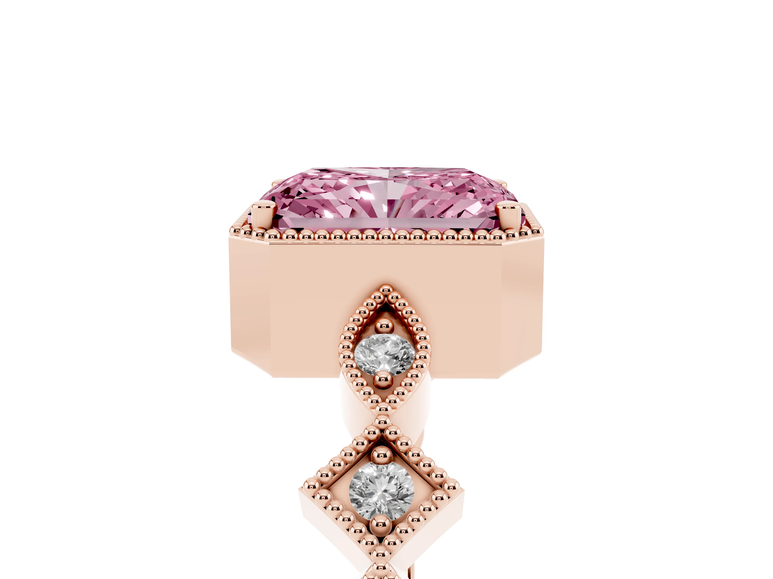 Fancy Pink Radiant Cut Diamond Milgrain Marquise Twist Band Ring Set in Rose gold with Prong Setting