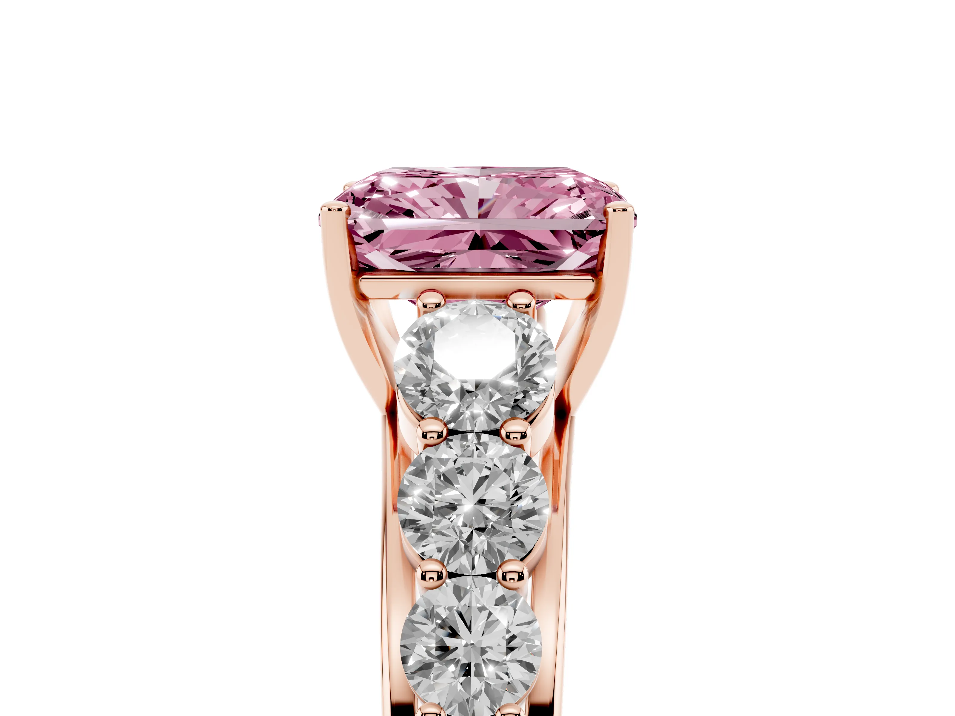 Fancy Pink Radiant Cut Diamond Solitaire Ring Set in Rose gold with Pavé-Set Band and Prong Setting