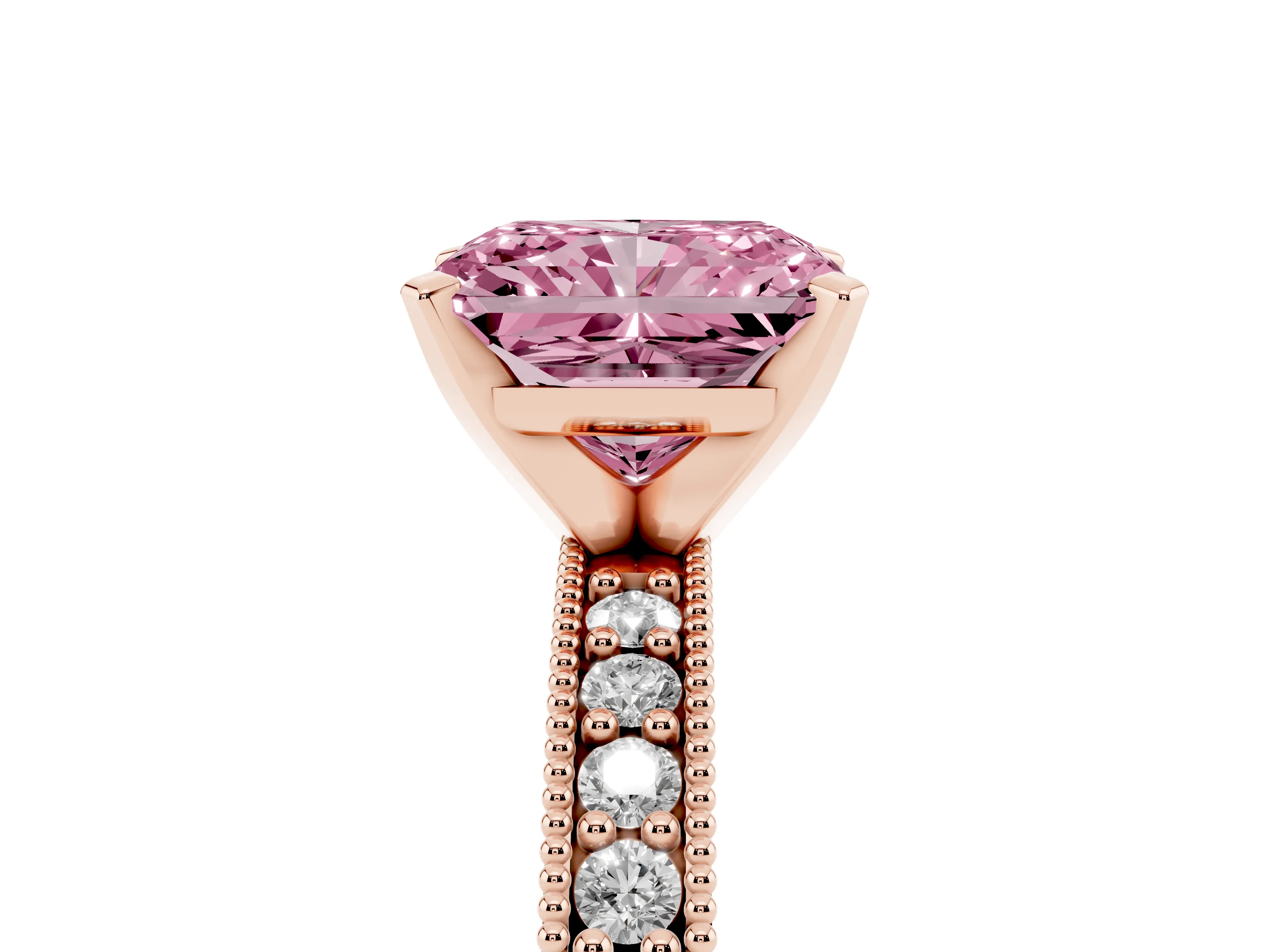 Fancy Pink Radiant Cut Diamond Milgrain Pavé Engagement Ring Set in Rose gold with Prong Setting