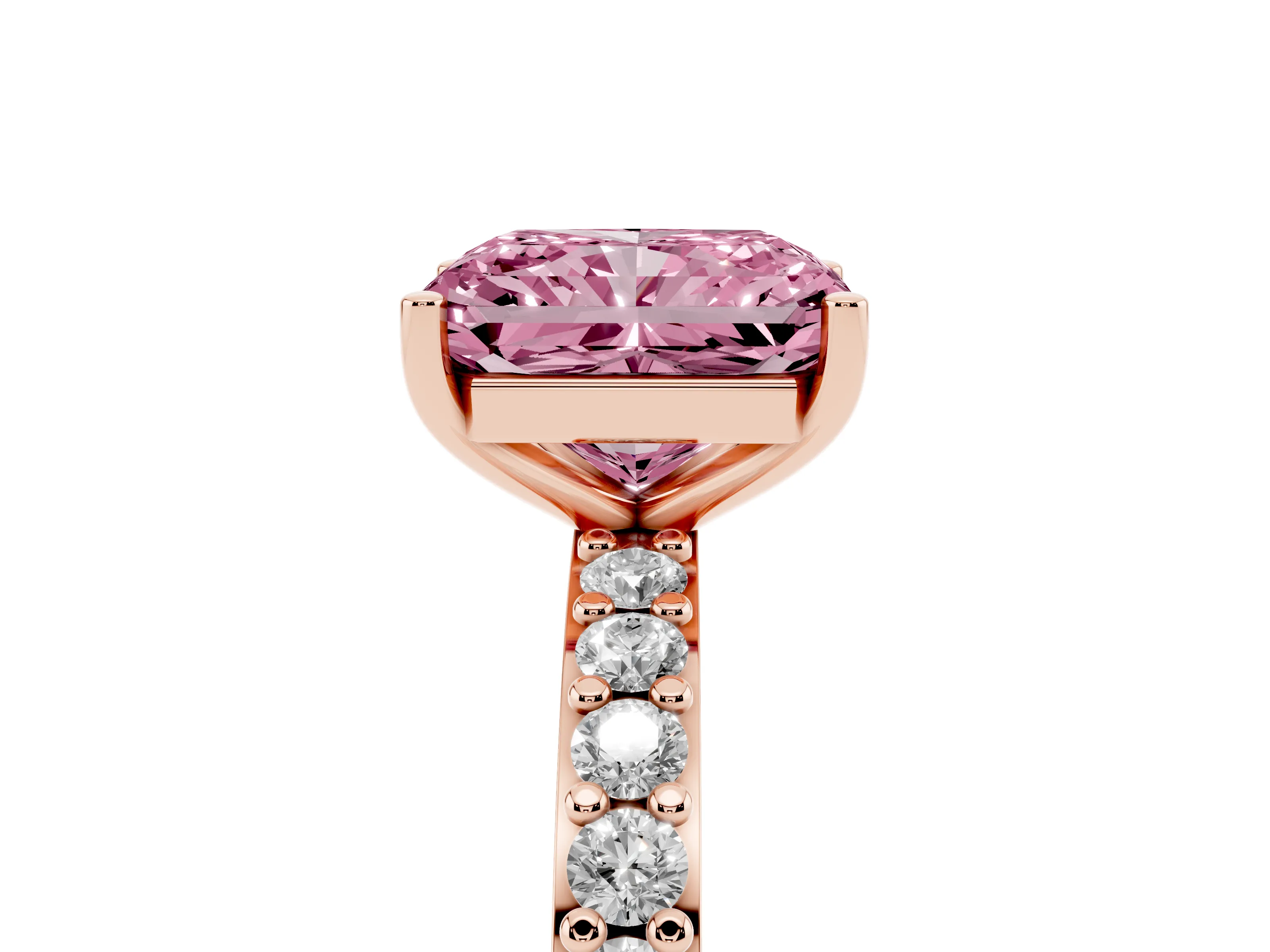 Fancy Pink Radiant Cut Diamond Solitaire Set in Rose gold with Round Pavé Band and Prong Setting