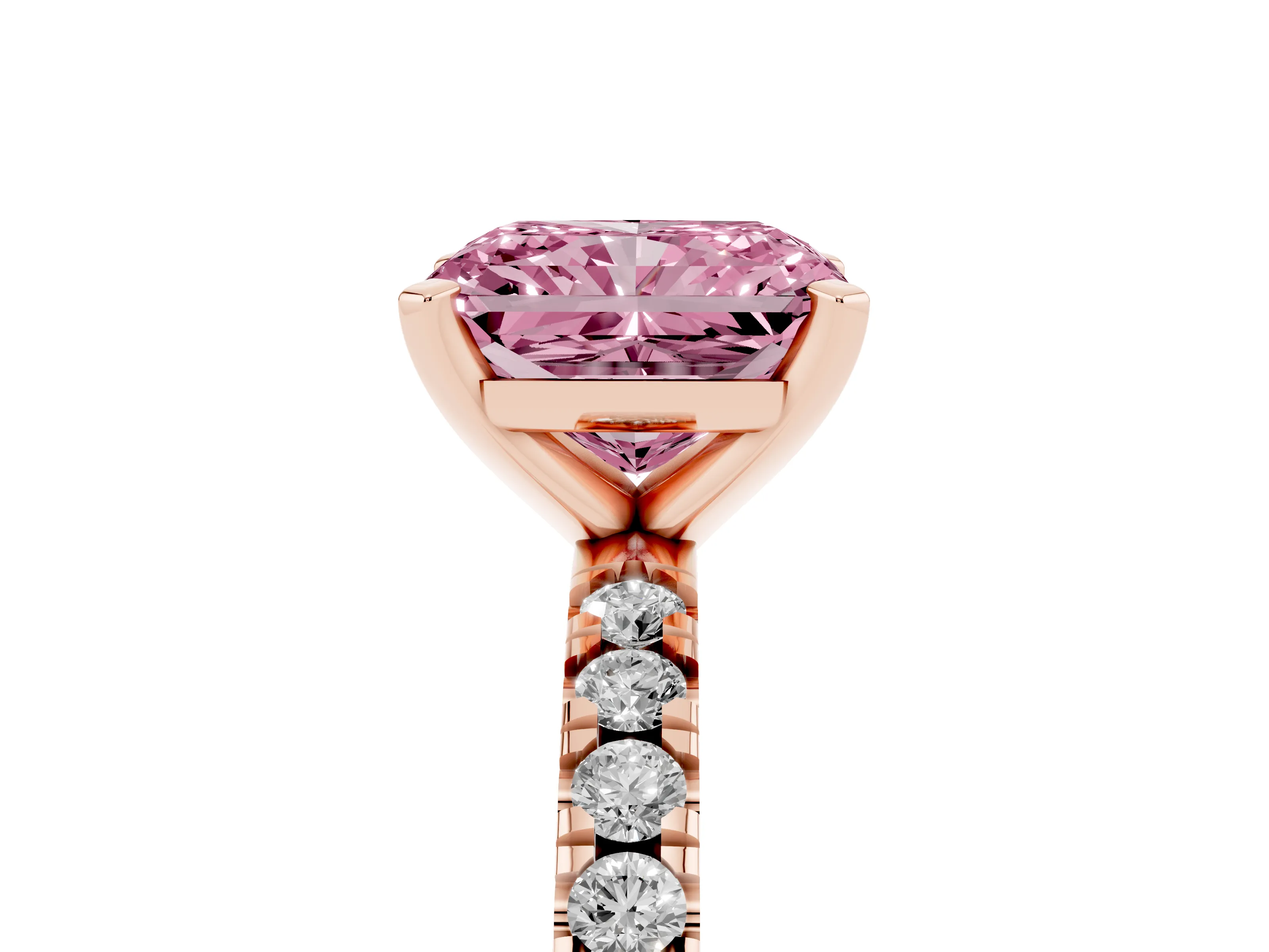 Fancy Pink Radiant Cut Diamond Pavé Band Solitaire Set in Rose gold with Prong Setting