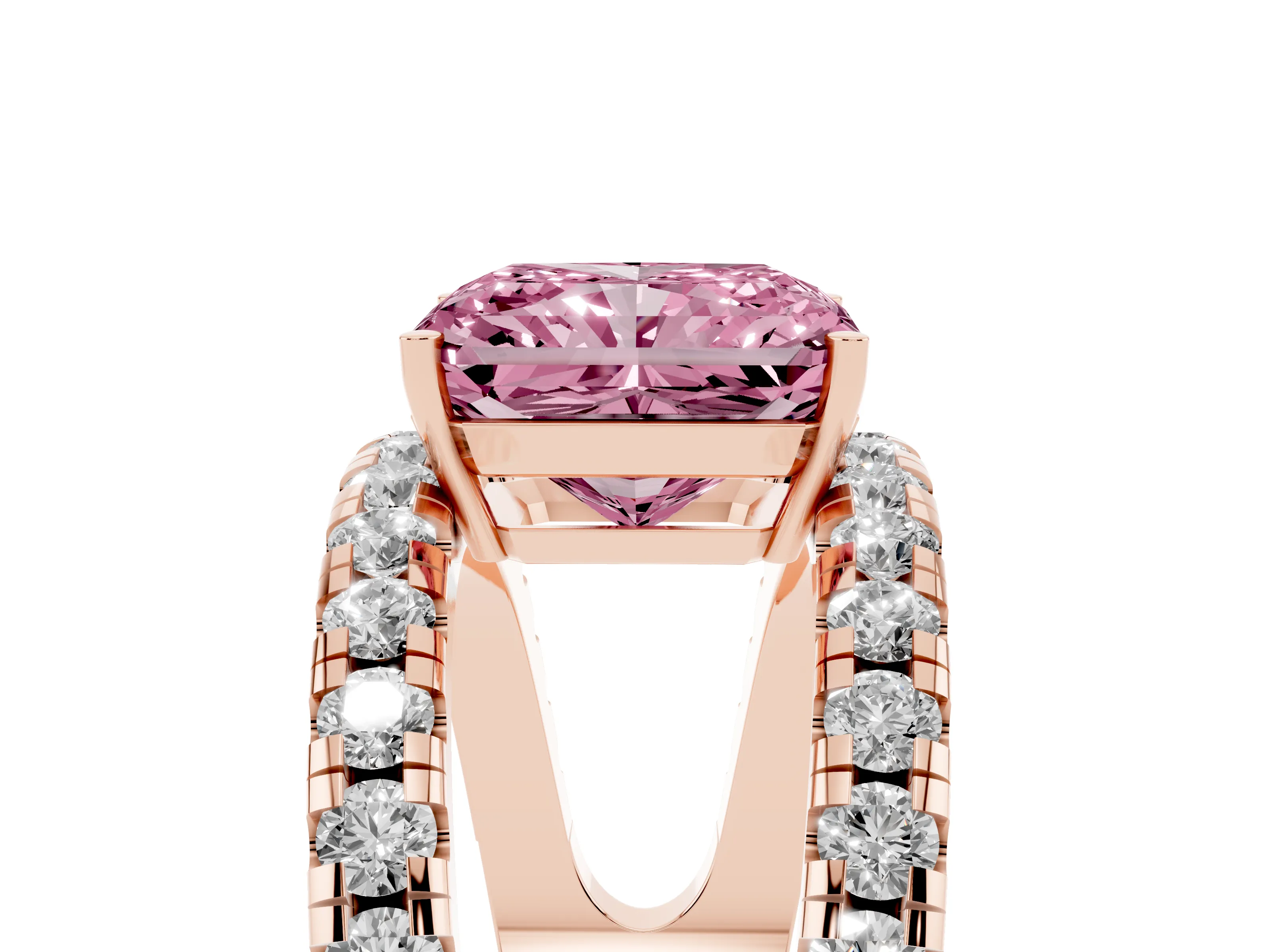 Fancy Pink Radiant Cut Diamond Split Shank Pavé Solitaire Ring Set in Rose gold with Open Shank Design