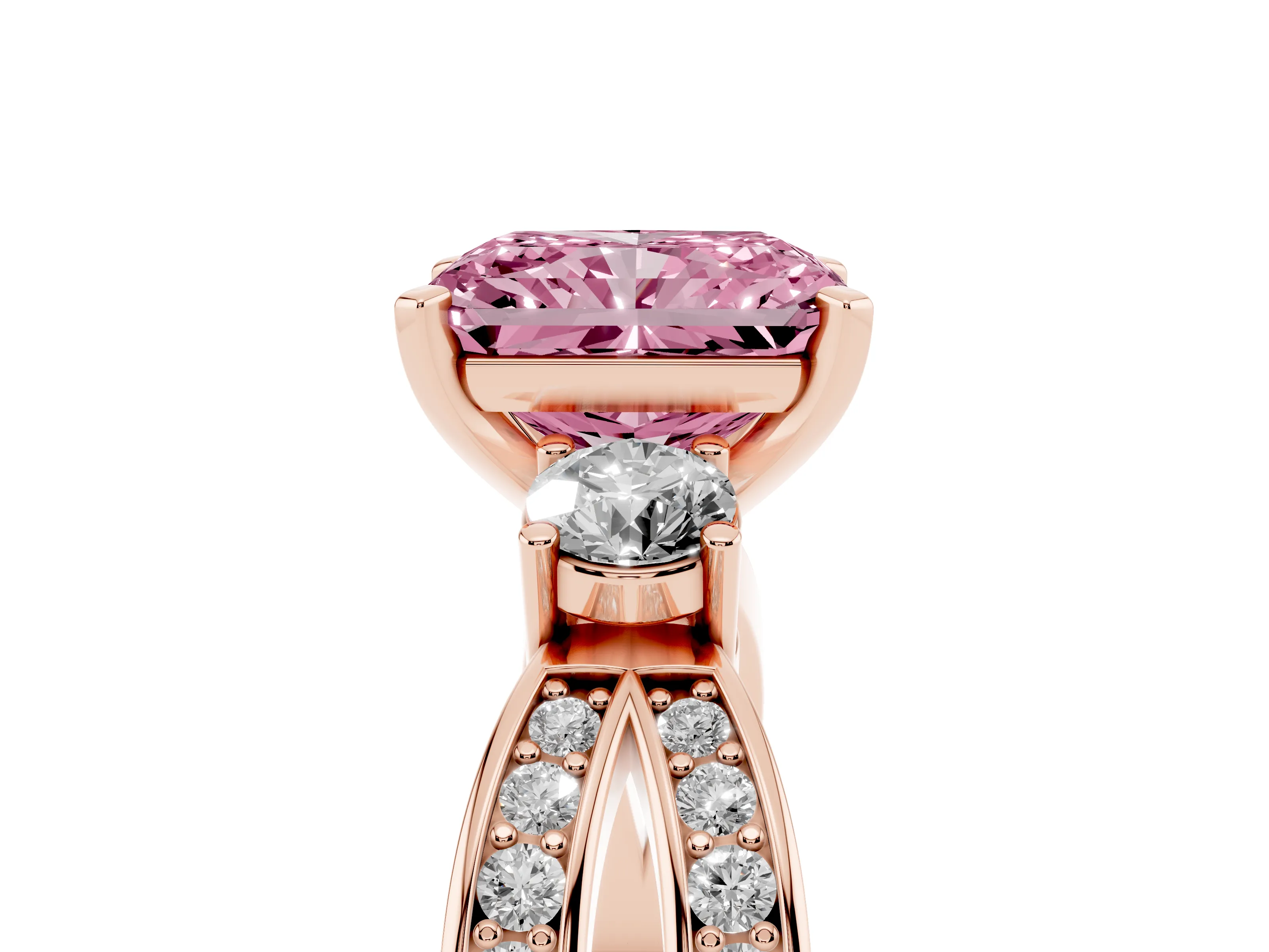 Fancy Pink Three-Stone Radiant Cut Diamond Twist Band Ring Set in Rose gold with Pavé Accents and Prong Setting