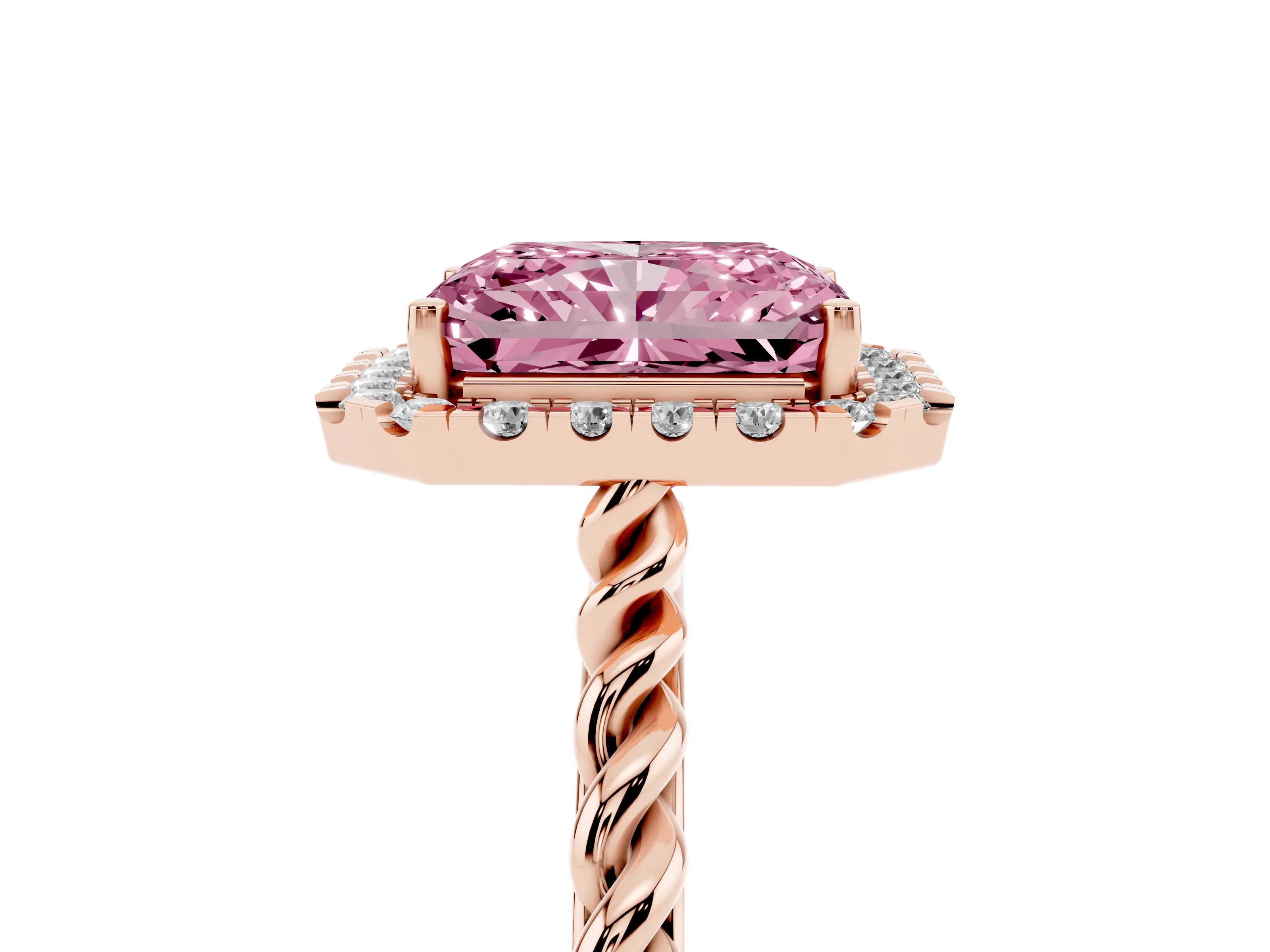 Fancy Pink Radiant Cut Diamond Halo Ring Set in Rose gold with Plain Twisted Band