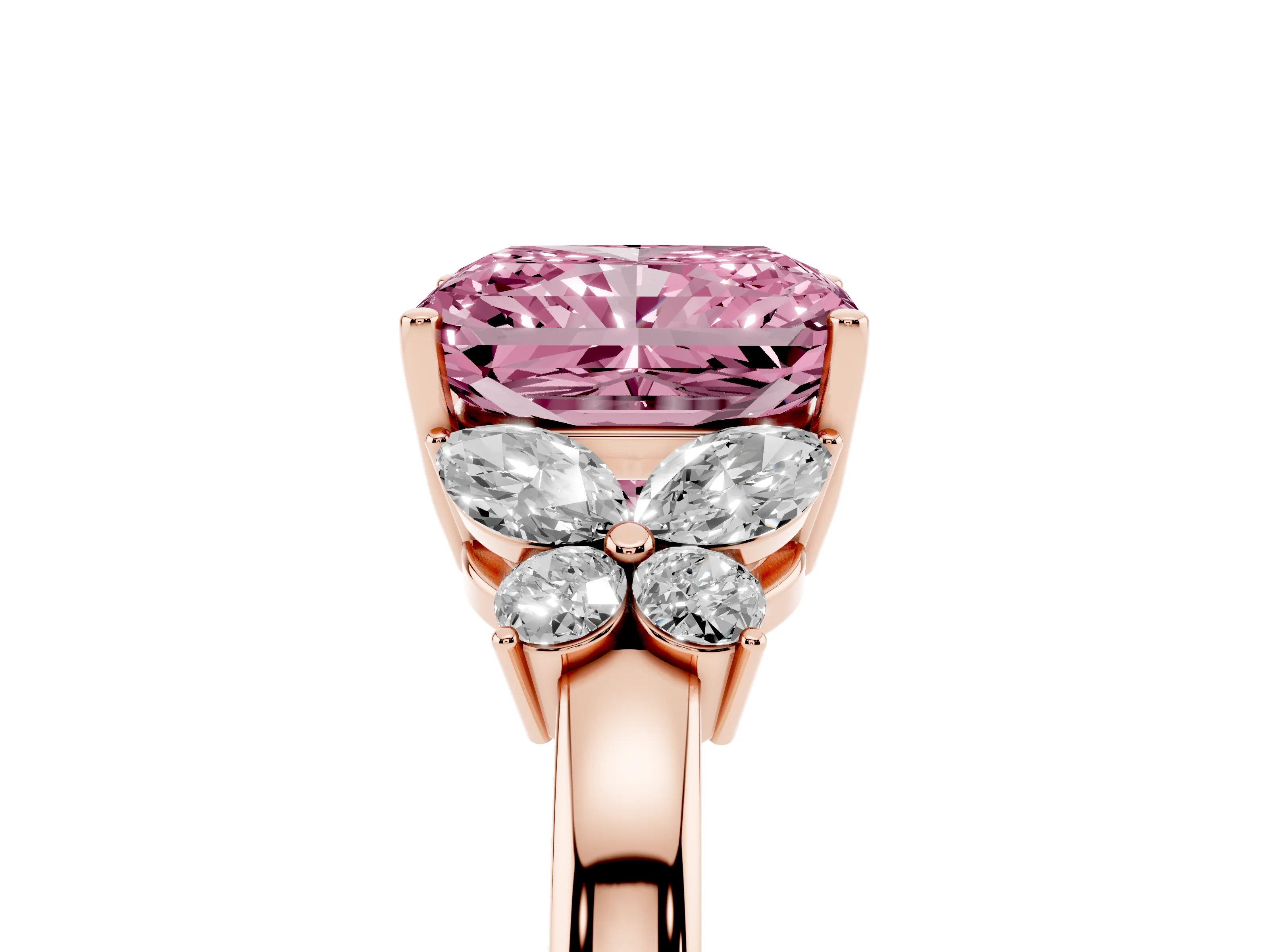 Fancy Pink Radiant Cut Diamond Solitaire Floral Ring Set in Rose gold with Marquise Petals and Prong Setting