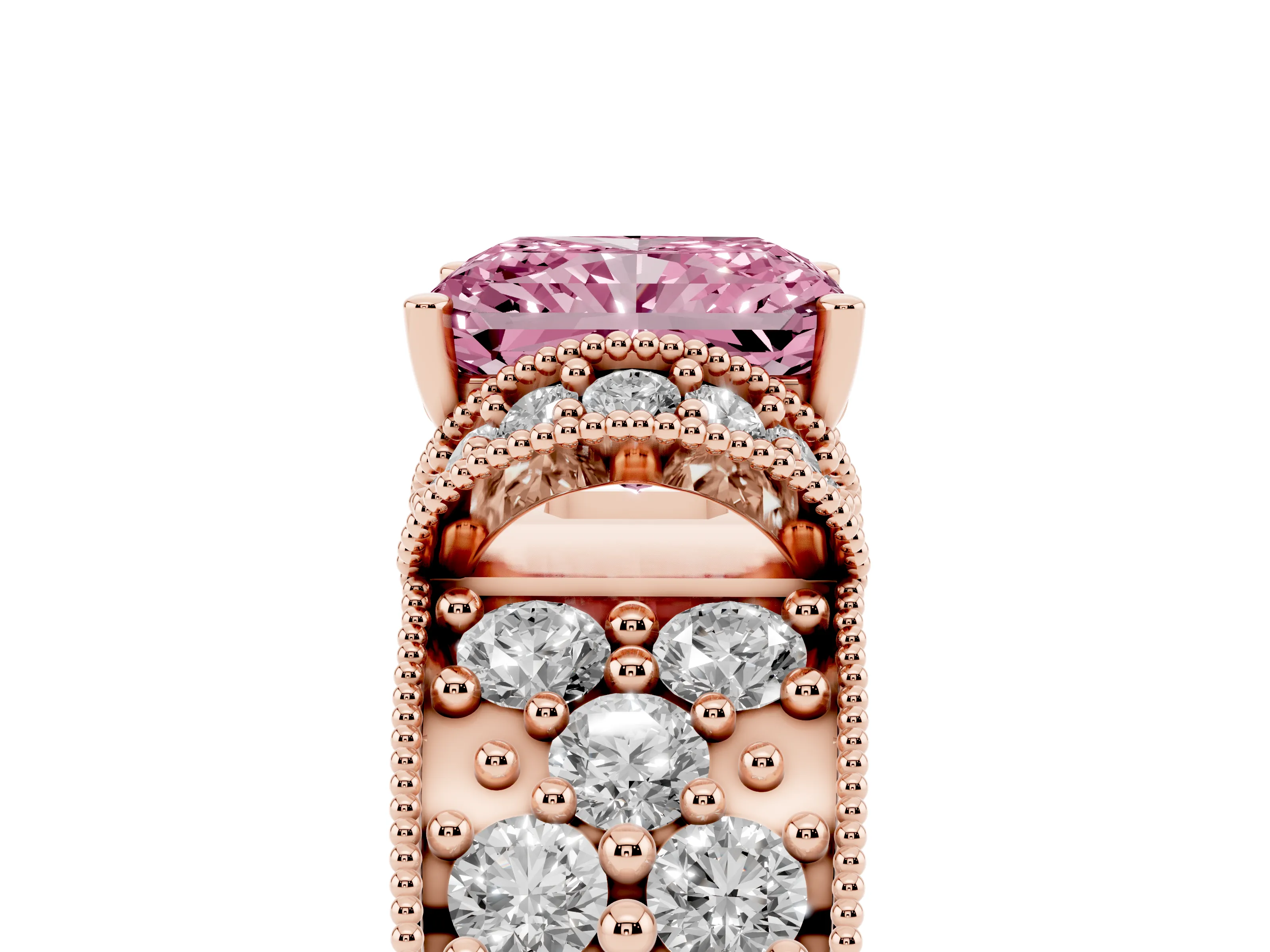 Fancy Pink Radiant Cut Diamond Milgrain Halo Pavé Engagement Ring Set in Rose gold with Prong Setting