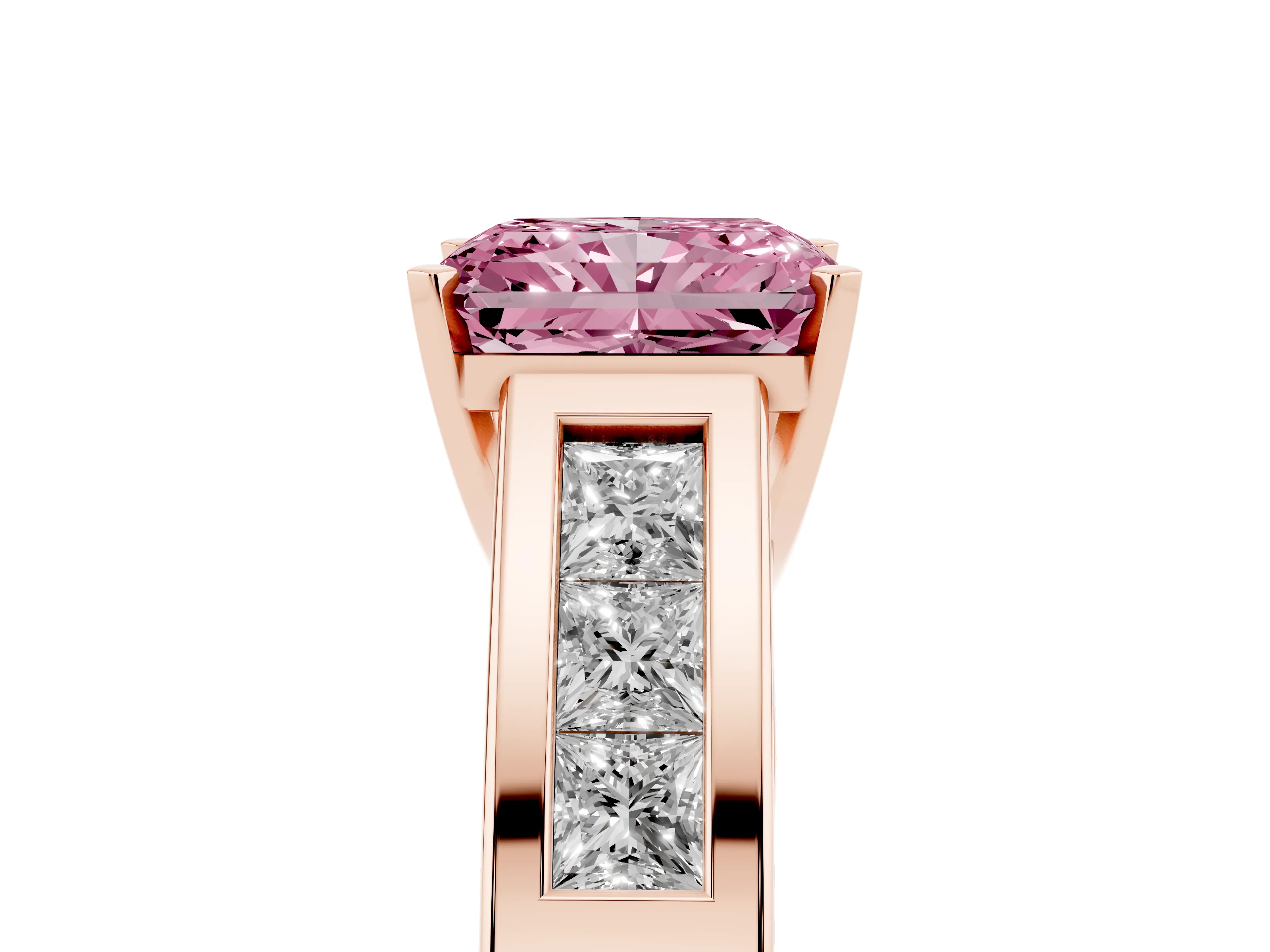 Fancy Pink Radiant Cut Diamond Solitaire Ring Set in Rose gold with Channel-Set Accent Stones and Prong Setting