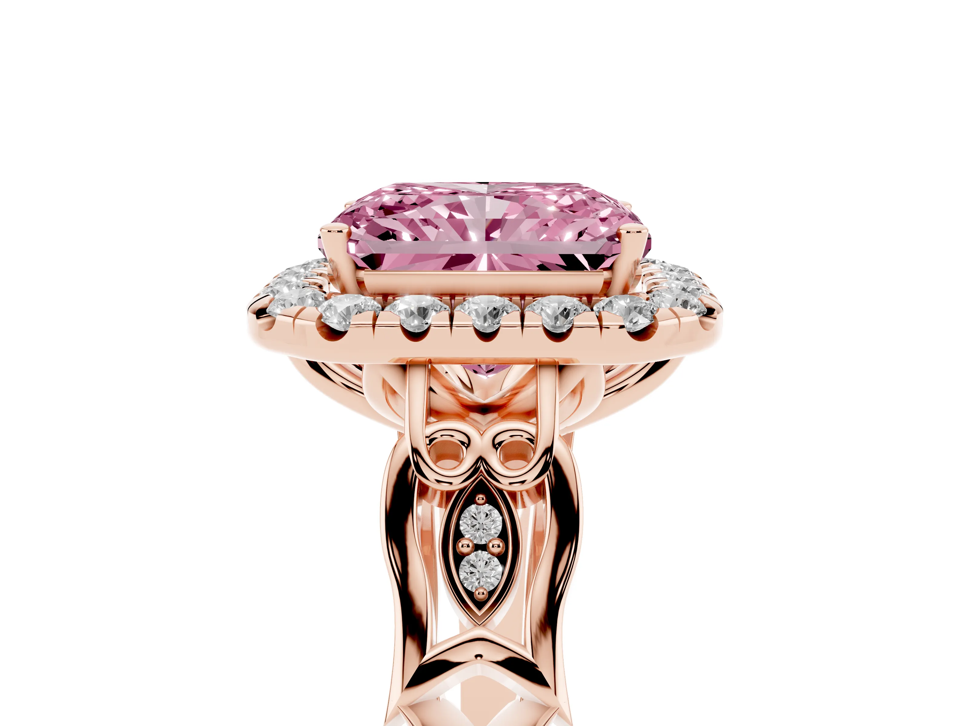 Fancy Pink Radiant Cut Diamond Halo Engagement Ring Set in Rose gold with Filigree Band and Prong-Set Center