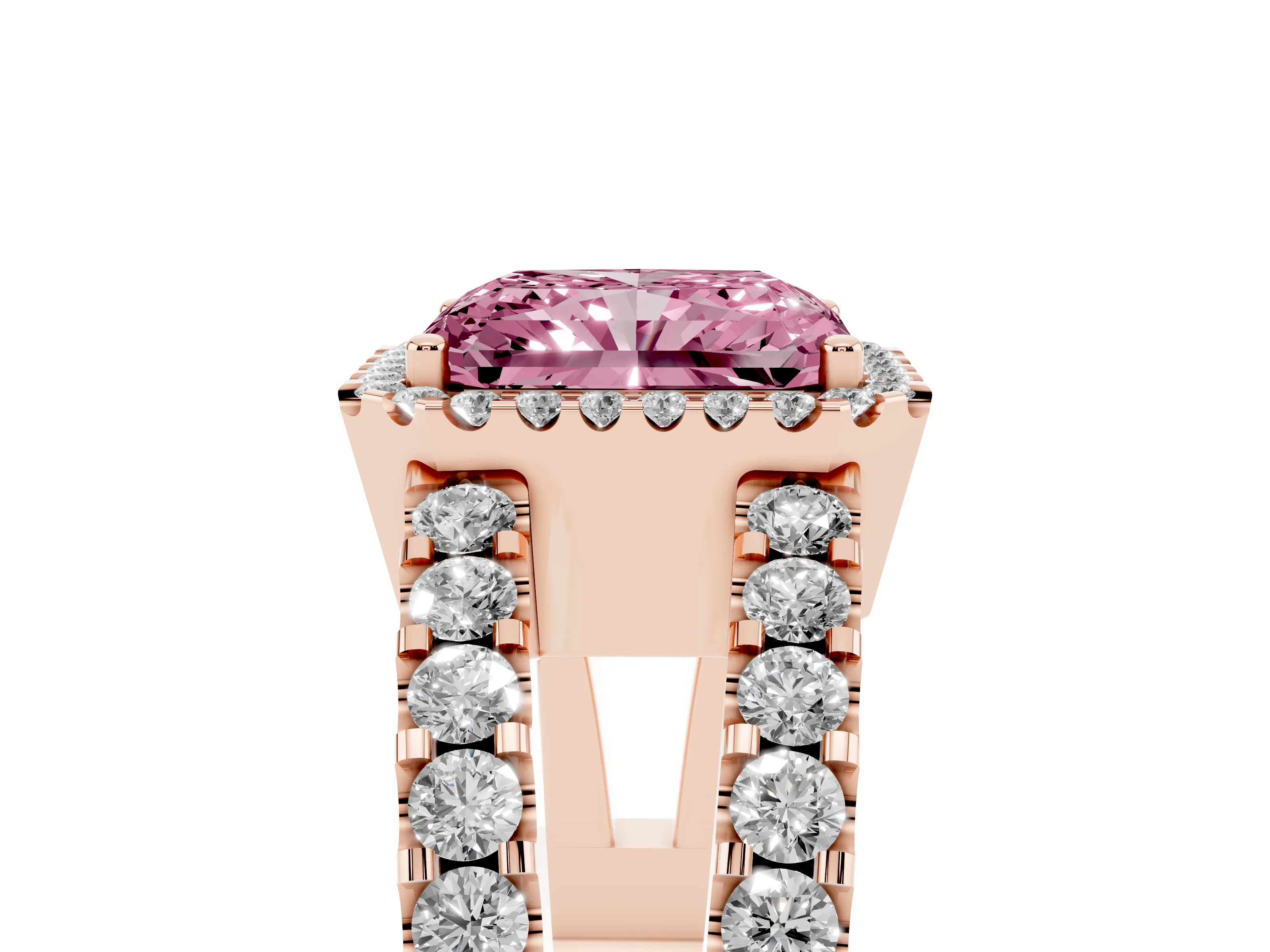 Fancy Pink Radiant Cut Diamond Halo Ring Set in Rose gold with Pavé Split Shank and Prong Setting