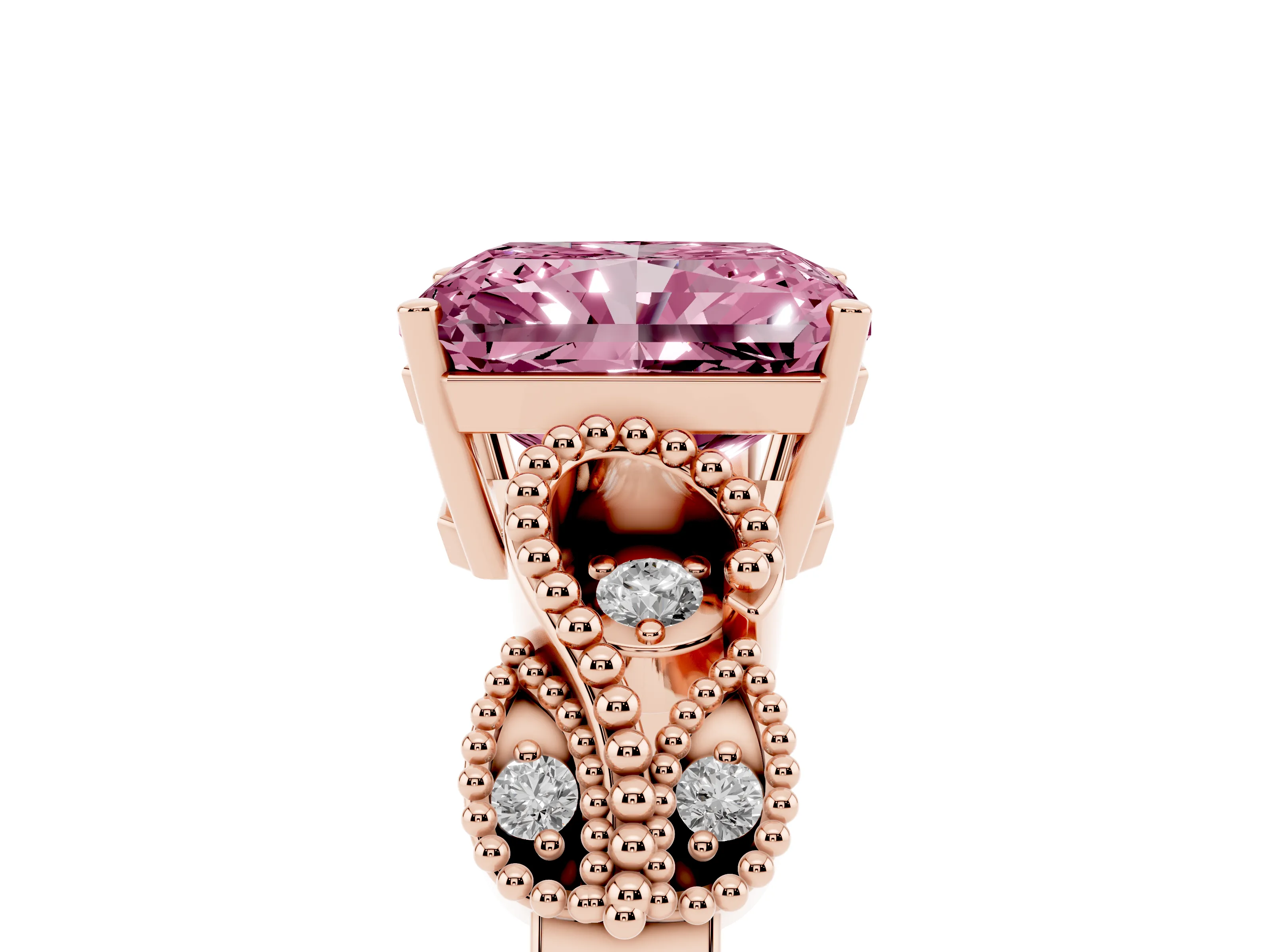 Fancy Pink Radiant Cut Diamond Milgrain Leaf Band Solitaire Ring Set in Rose gold with Accent Stones and Prong Setting