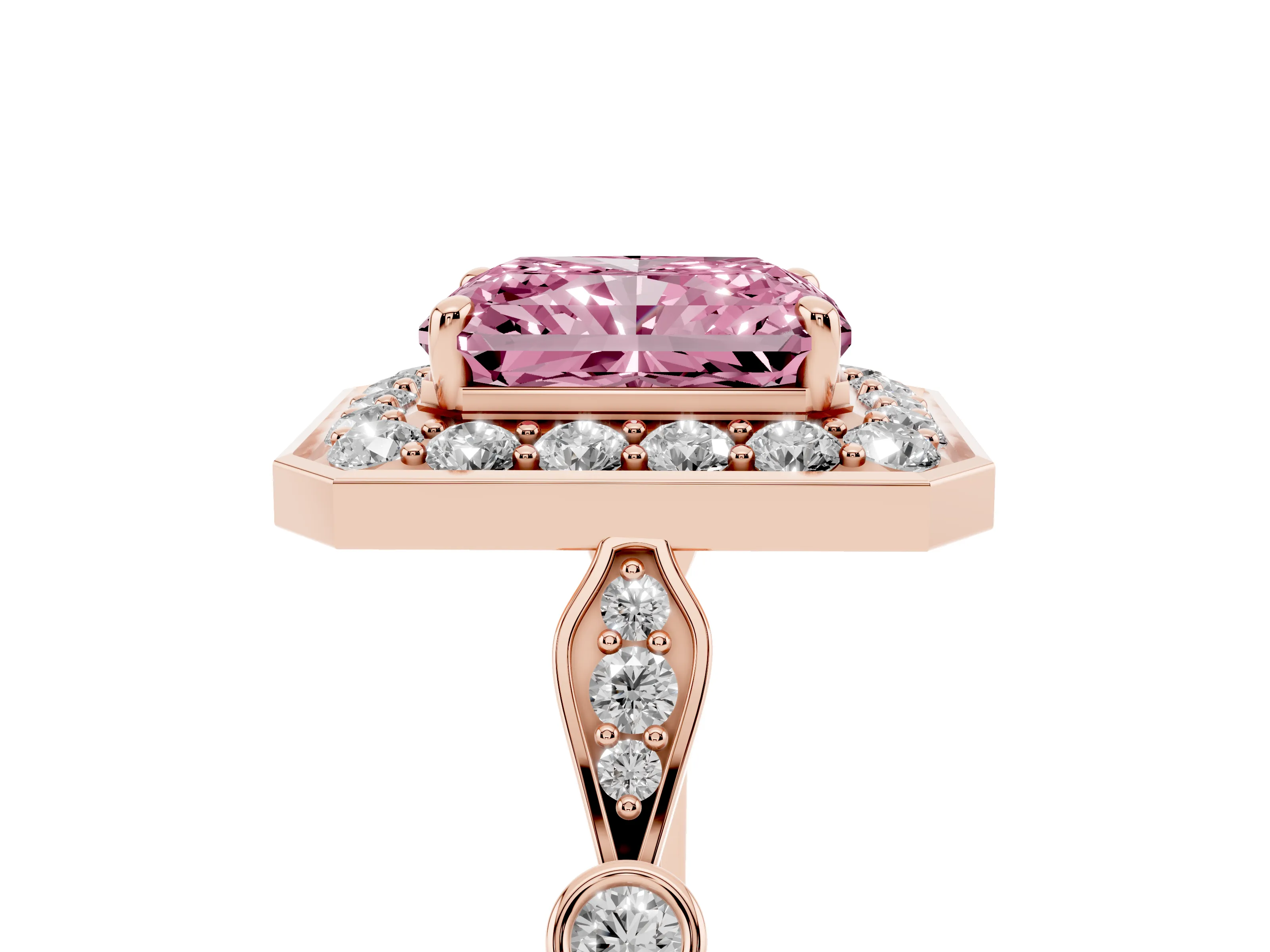 Fancy Pink Radiant Cut Diamond Halo Engagement Ring Set in Rose gold with Twisted Band and Prong Setting