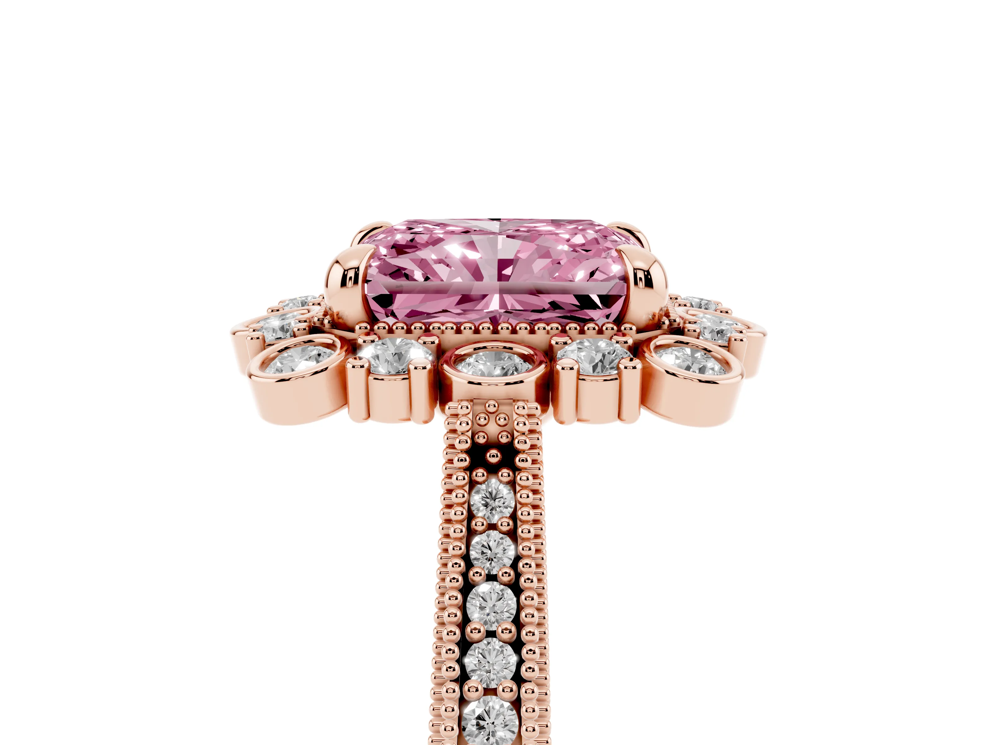 Fancy Pink Radiant Cut Diamond Halo Milgrain Pavé Ring Set in Rose gold with Prong Setting