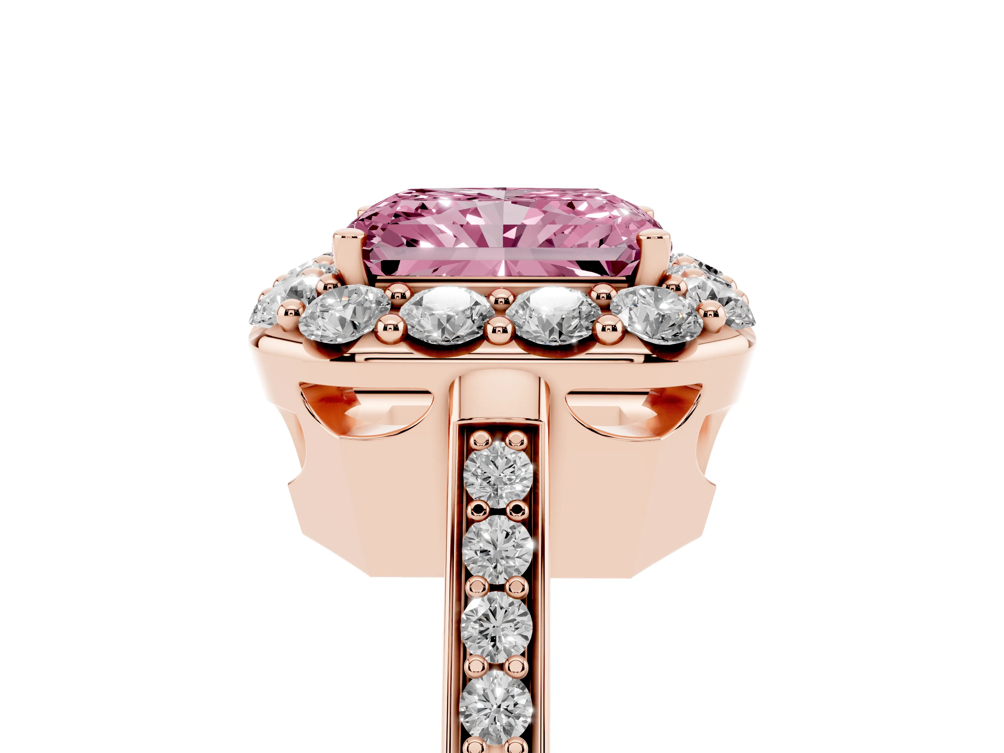 Fancy Pink Radiant Cut Diamond Floral Halo Ring Set in Rose gold with Pavé Band and Prong Setting