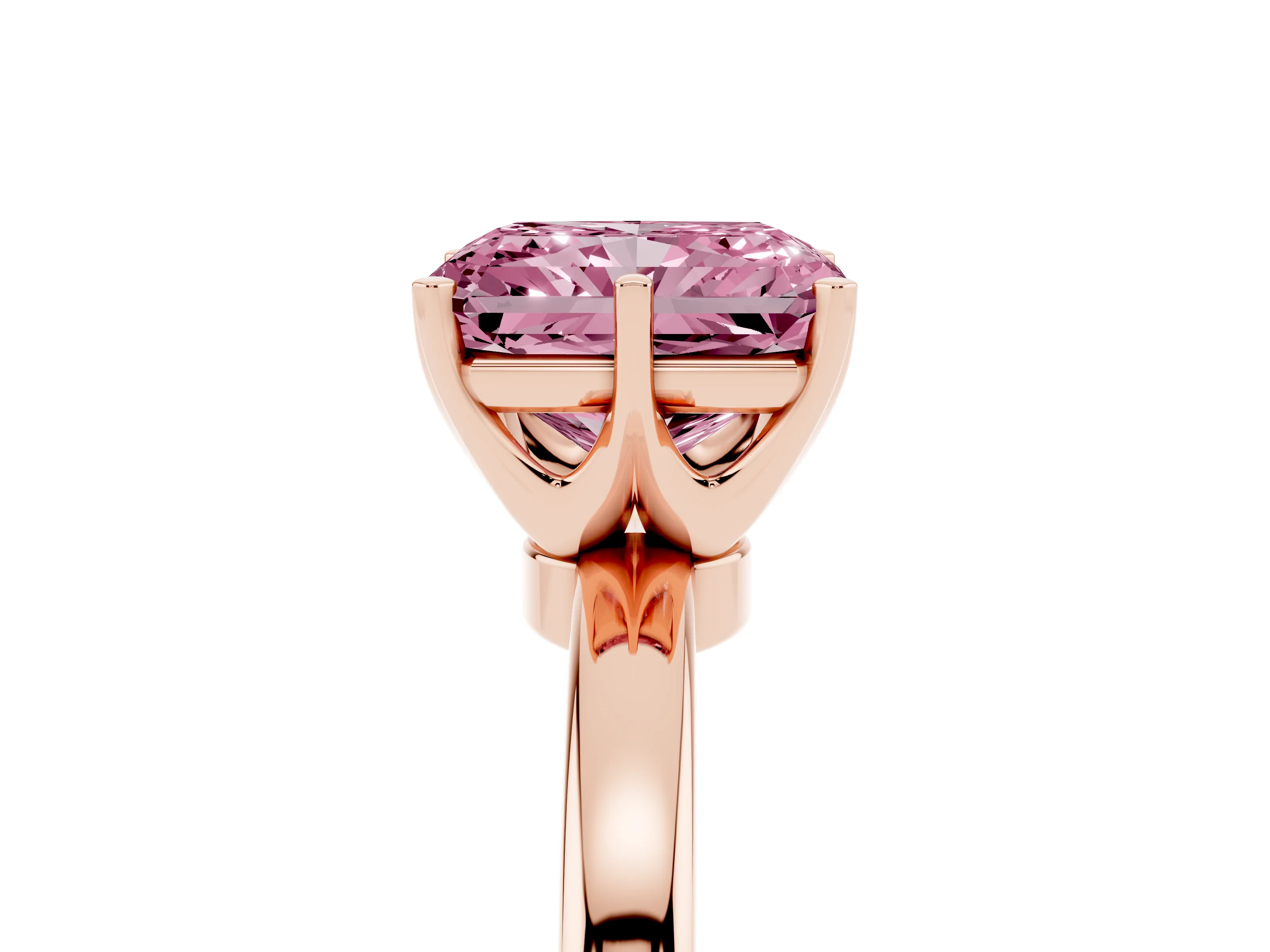 Fancy Pink Radiant Cut Diamond Solitaire Ring Set in Rose gold with Raised Prong Setting on a Classic Band