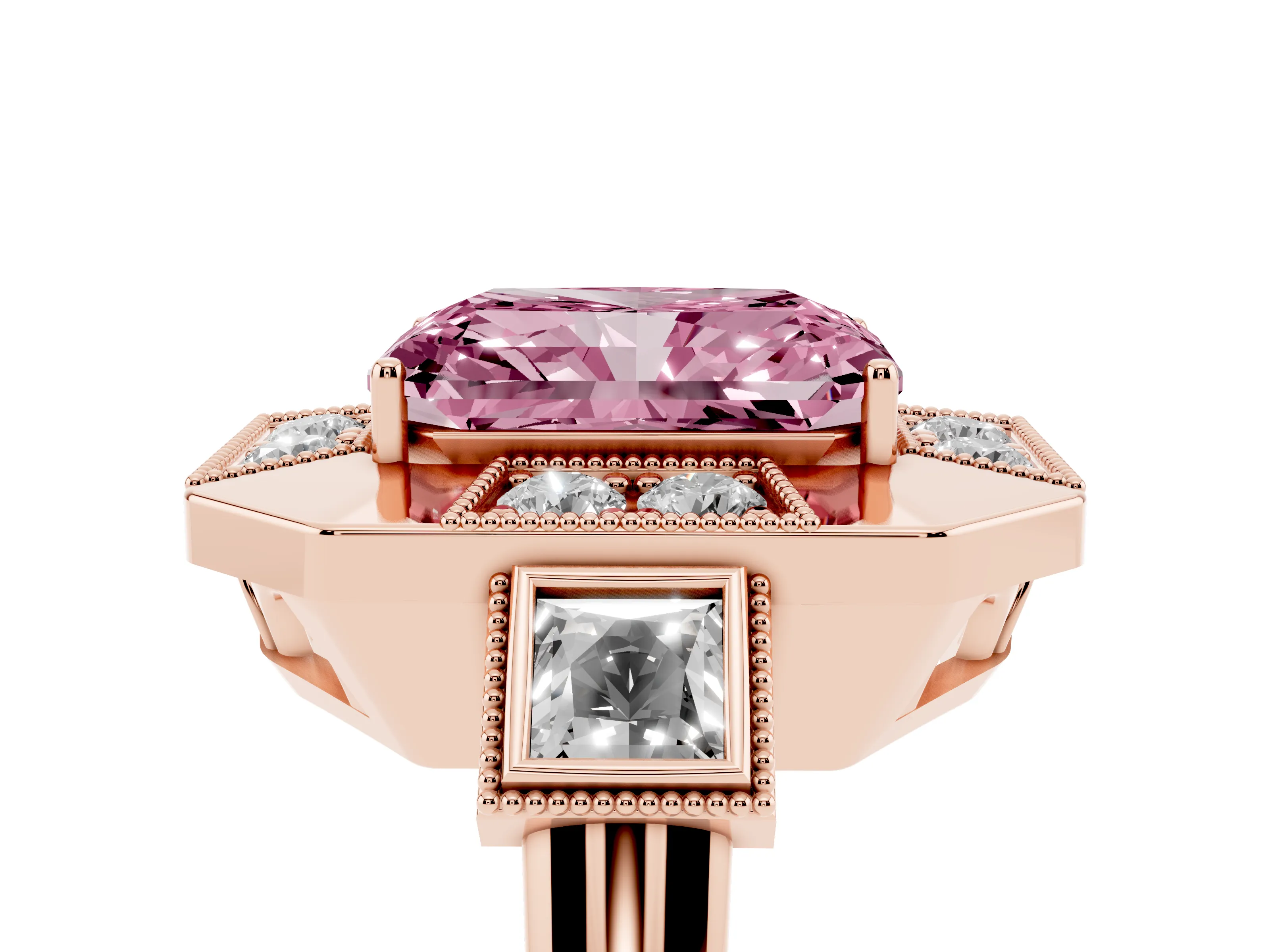 Fancy Pink Radiant Cut Diamond Milgrain Halo Ring Set in Rose gold with Split Shank