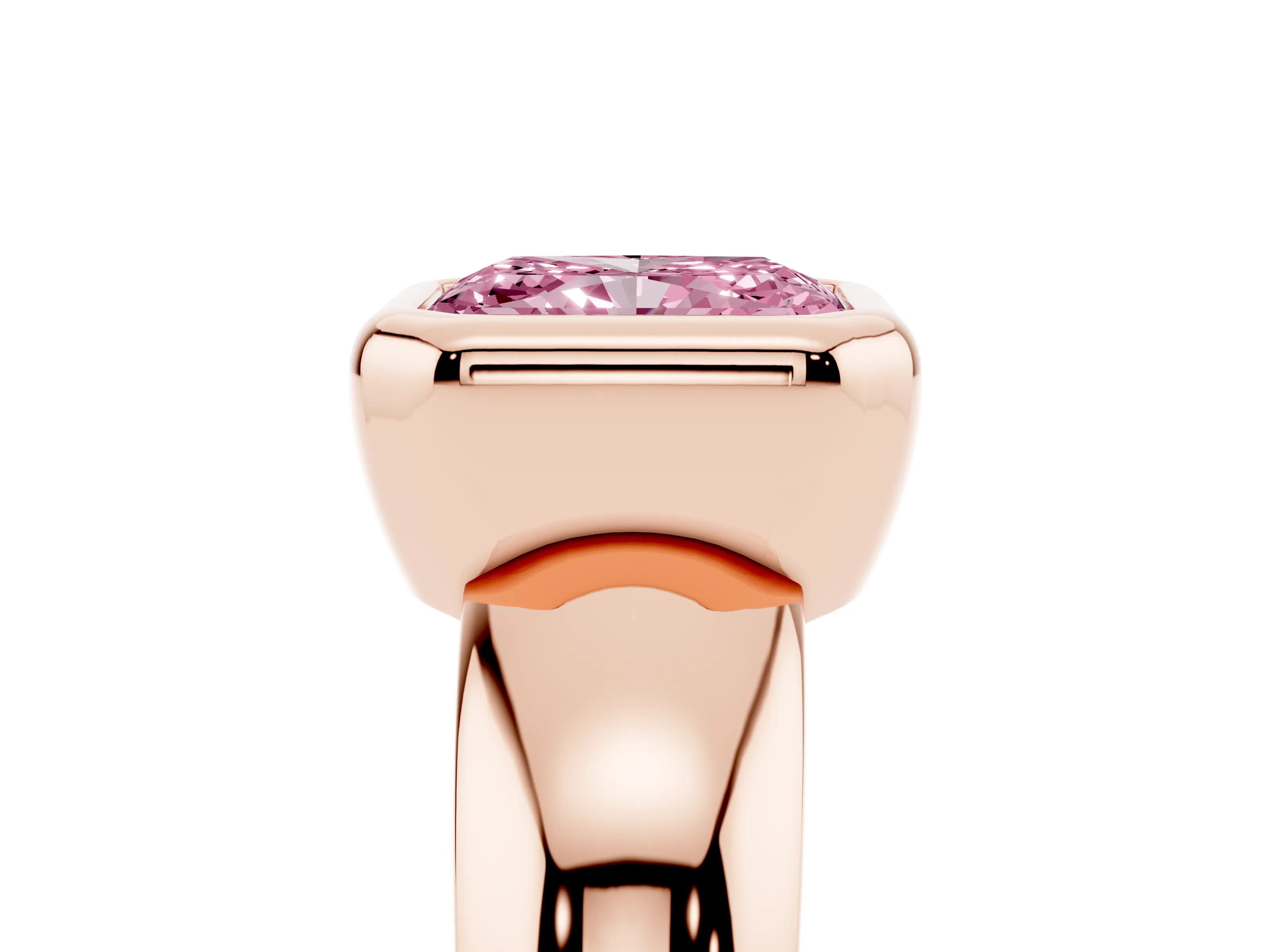 Fancy Pink Bezel Set Radiant Cut Diamond Solitaire Ring Set in Rose gold with Wide Band