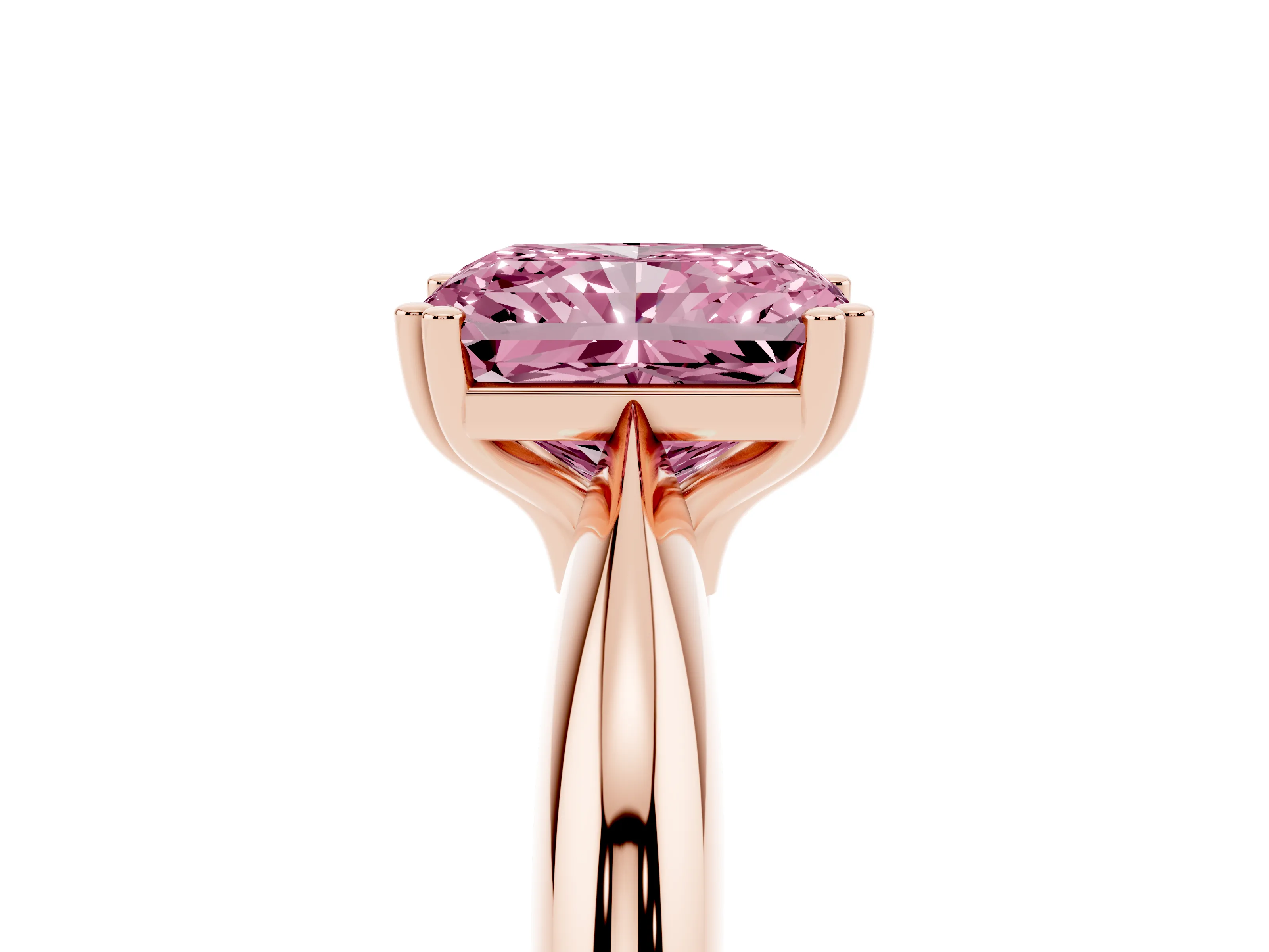 Fancy Pink Radiant Cut Diamond Solitaire Engagement Ring Set in Rose gold with Tapered Band and Prong Setting