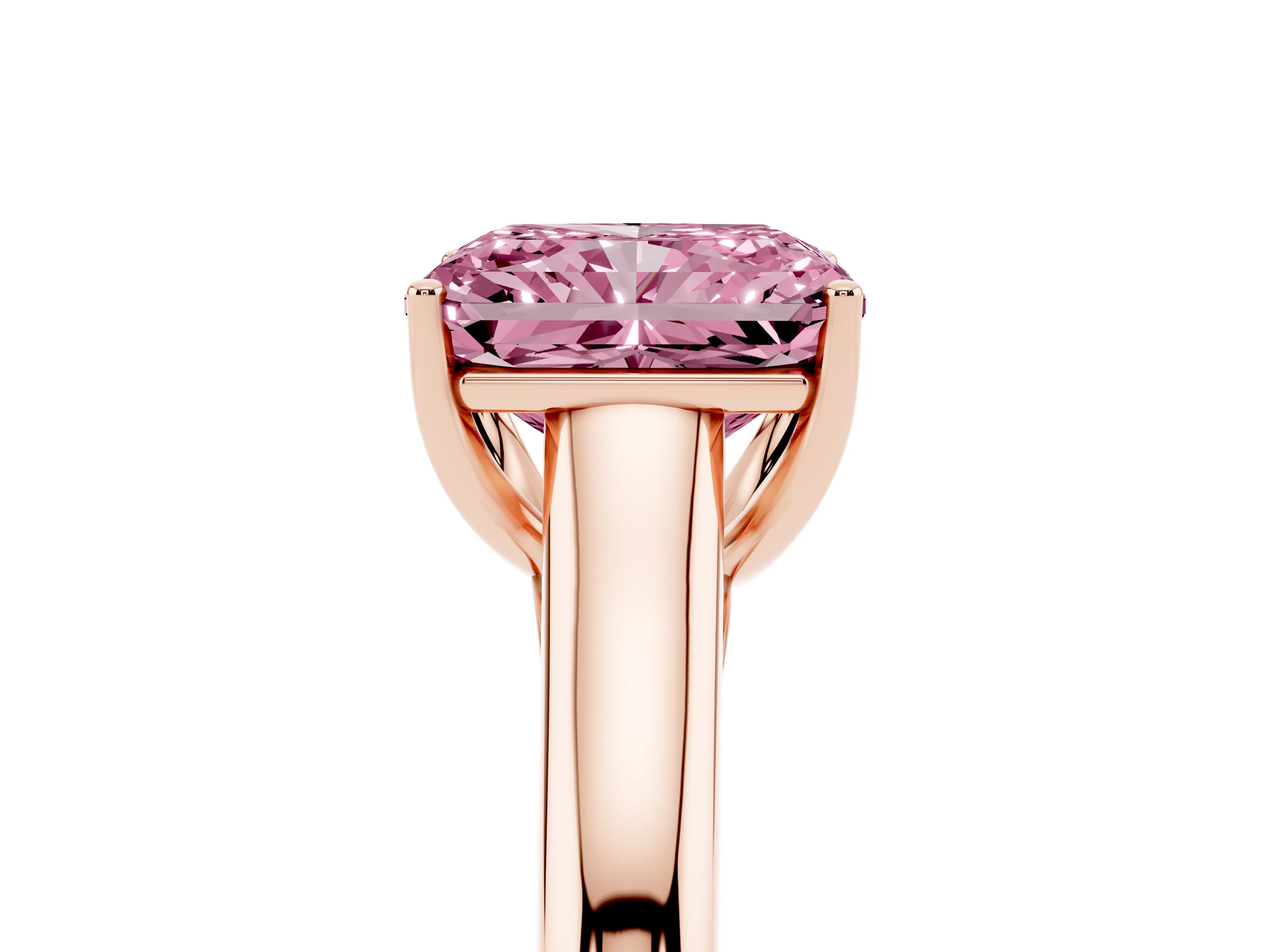 Fancy Pink Radiant Cut Diamond Solitaire Engagement Ring Set in Rose gold with Subtly Tapered Band and Prong Setting