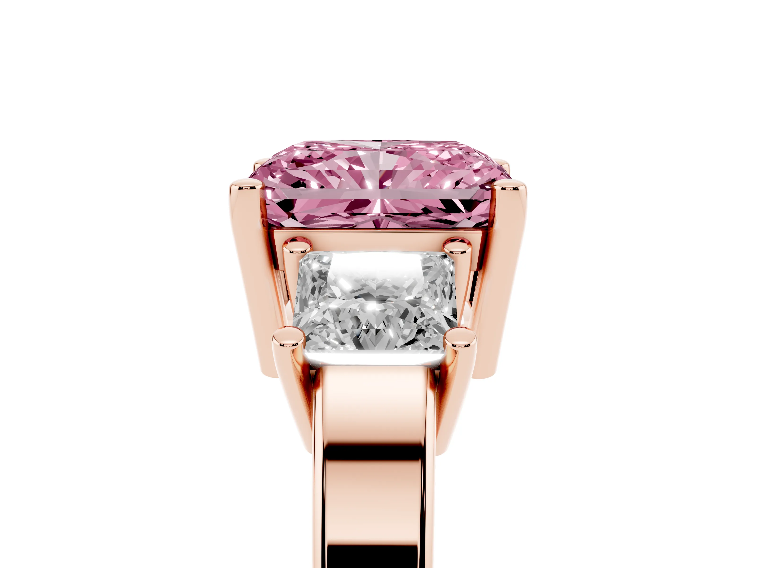 Fancy Pink Three-Stone Radiant Cut Diamond Solitaire Ring Set in Rose gold with Prong Setting