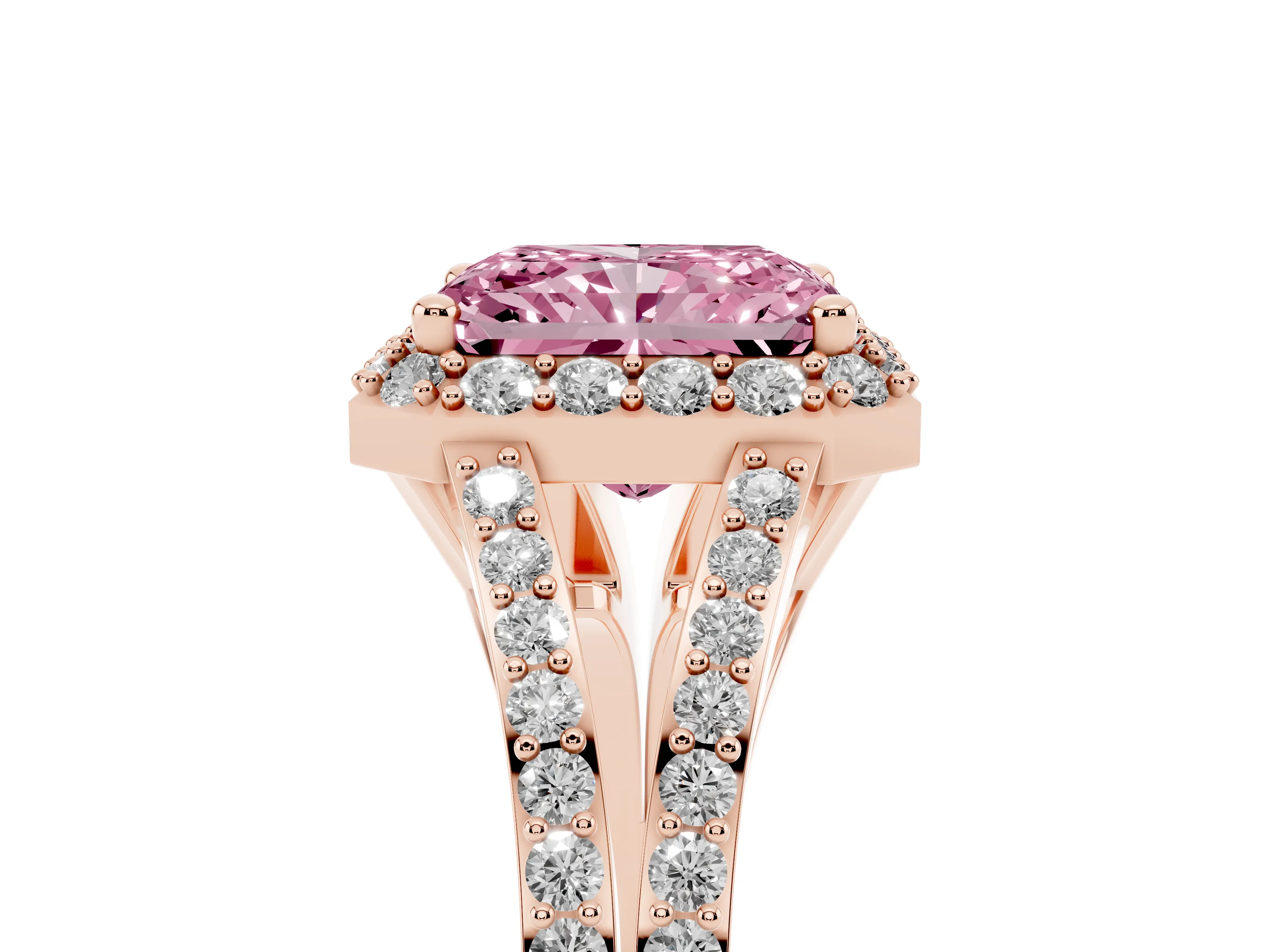 Fancy Pink Radiant Cut Diamond Halo Split Shank Pavé Ring Set in Rose gold with Prong Setting