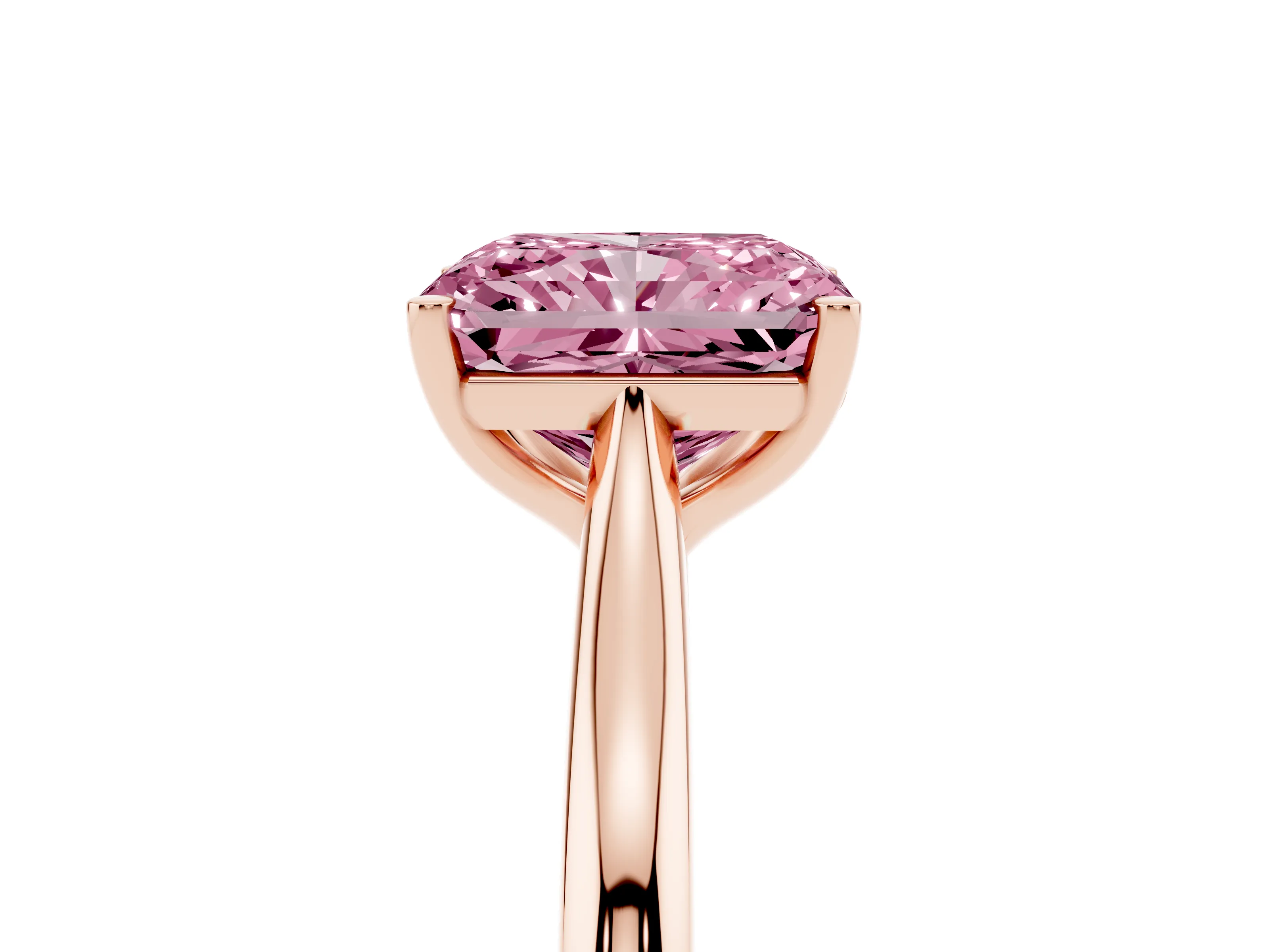 Fancy Pink Radiant Cut Diamond Solitaire Ring Set in Rose gold with Cathedral Band and Prong Setting