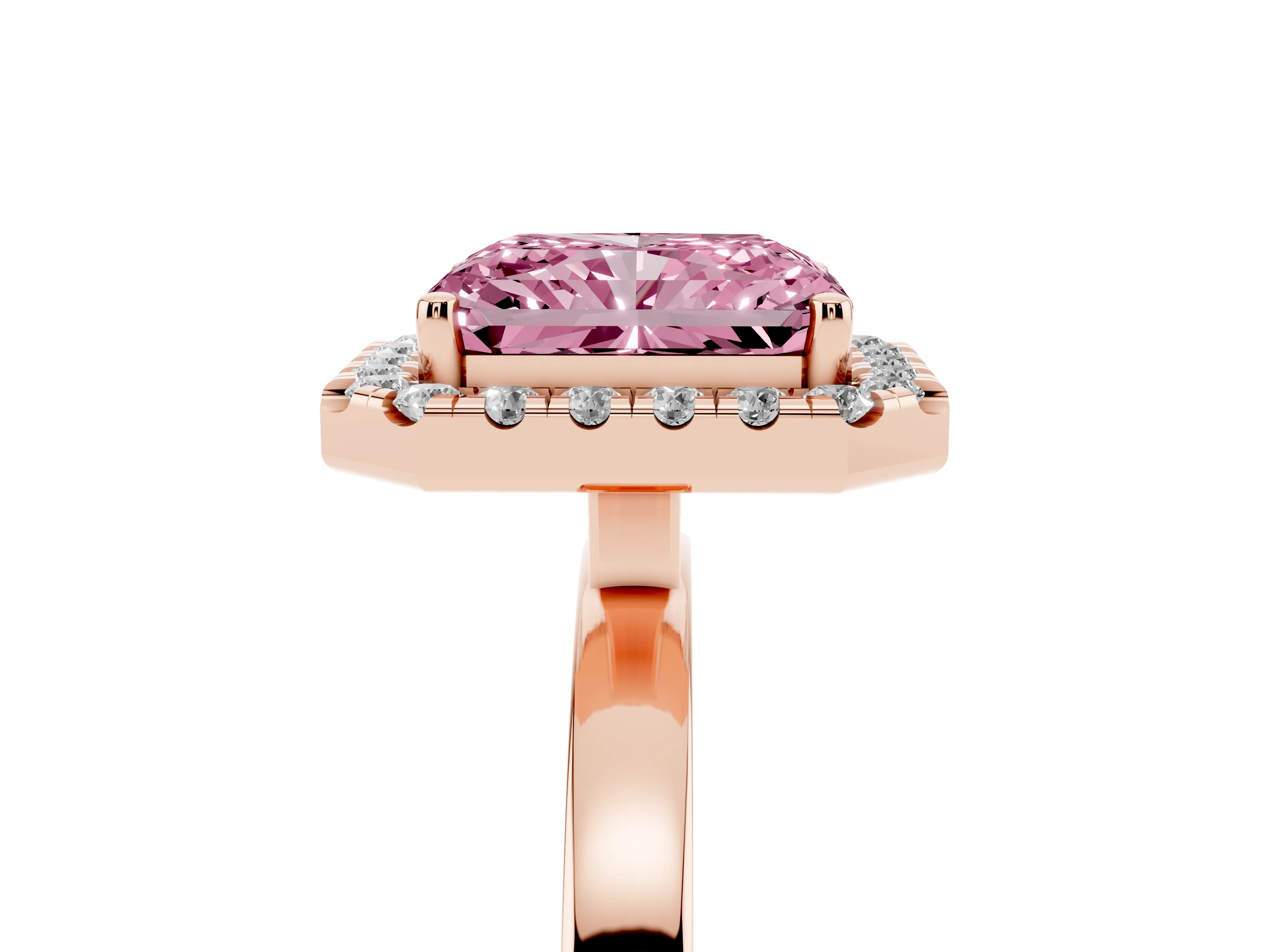 Fancy Pink Radiant Cut Diamond Halo Solitaire Ring Set in Rose gold with Pavé Band and Prong Setting