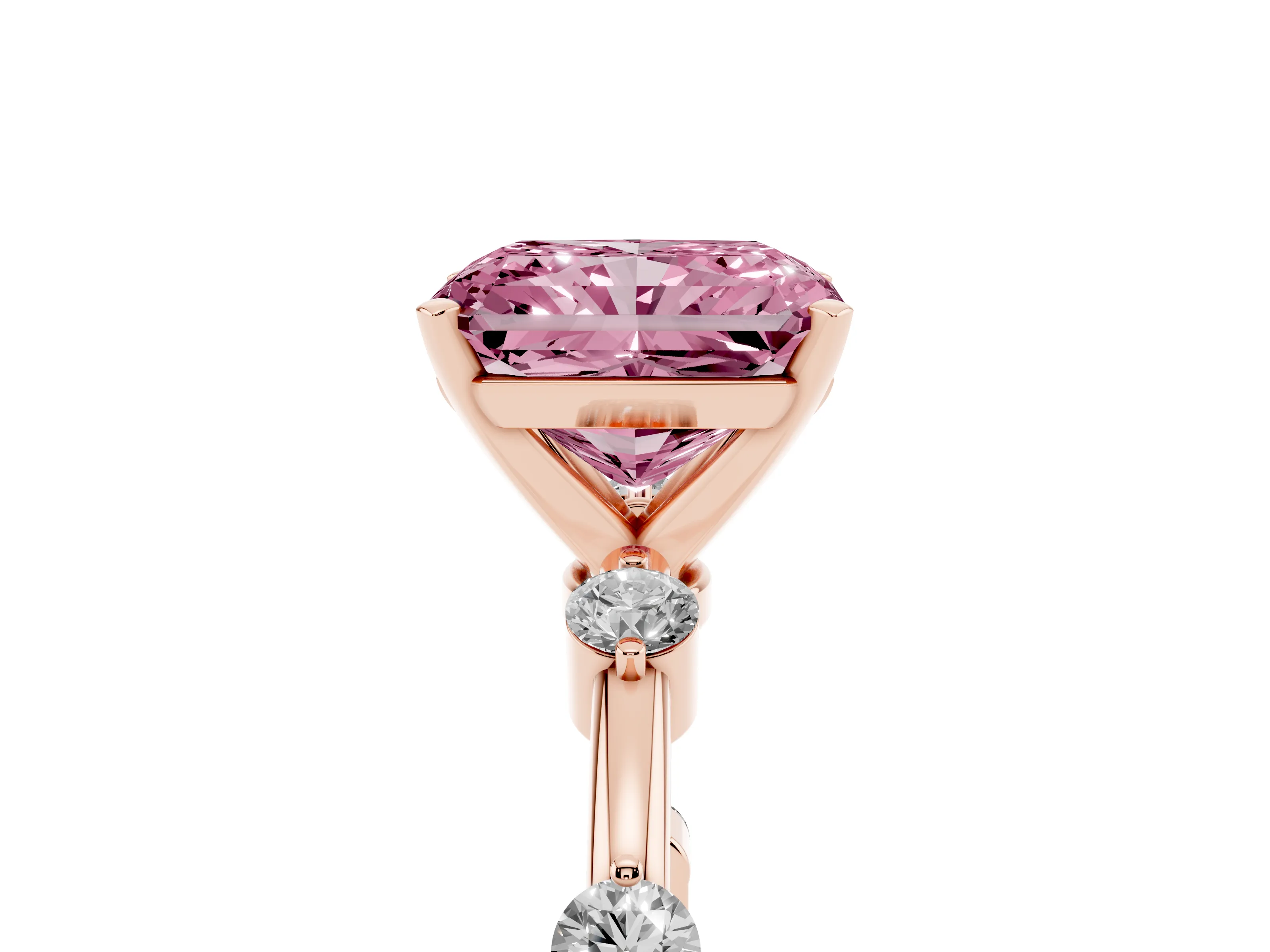 Fancy Pink Radiant Cut Diamond Solitaire Ring Set in Rose gold with Bezel Set Side Stones and Prong Setting