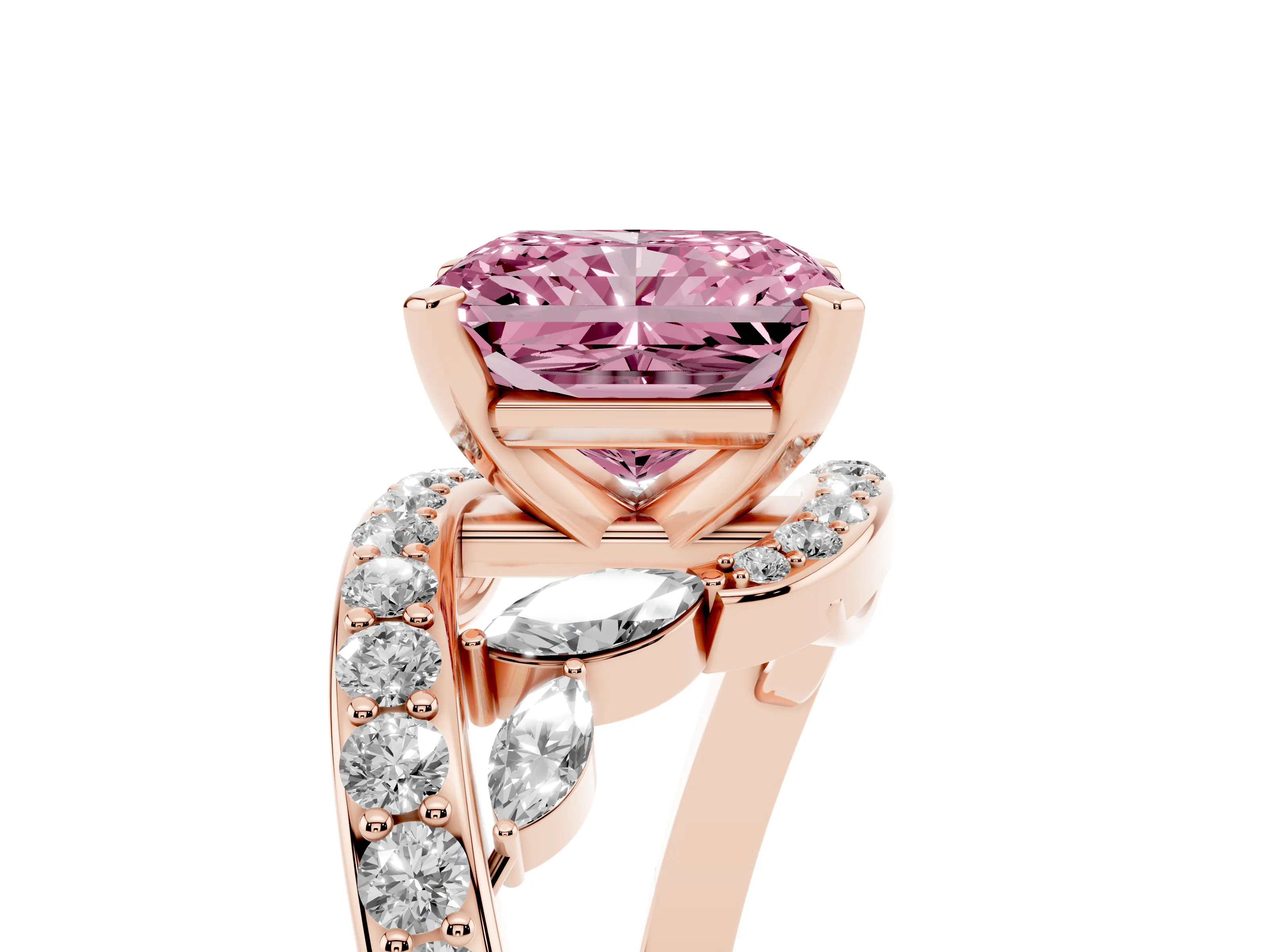 Fancy Pink Radiant Cut Diamond Solitaire Ring Set in Rose gold with Pavé Twist Band and Secure Prong Setting