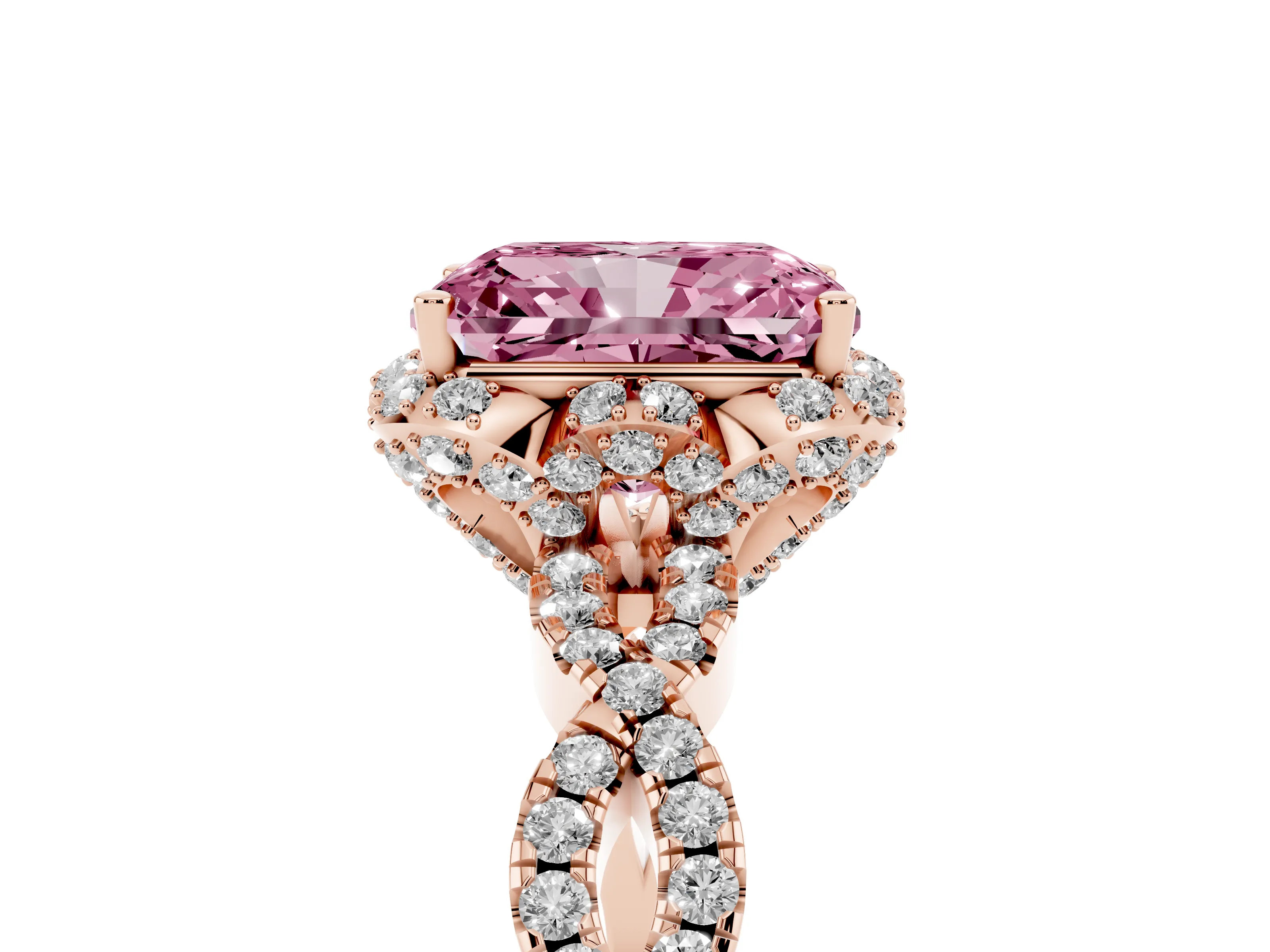 Fancy Pink Radiant Cut Diamond Halo Twist Band Solitaire Ring Set in Rose gold with Prong-Set Center Stone