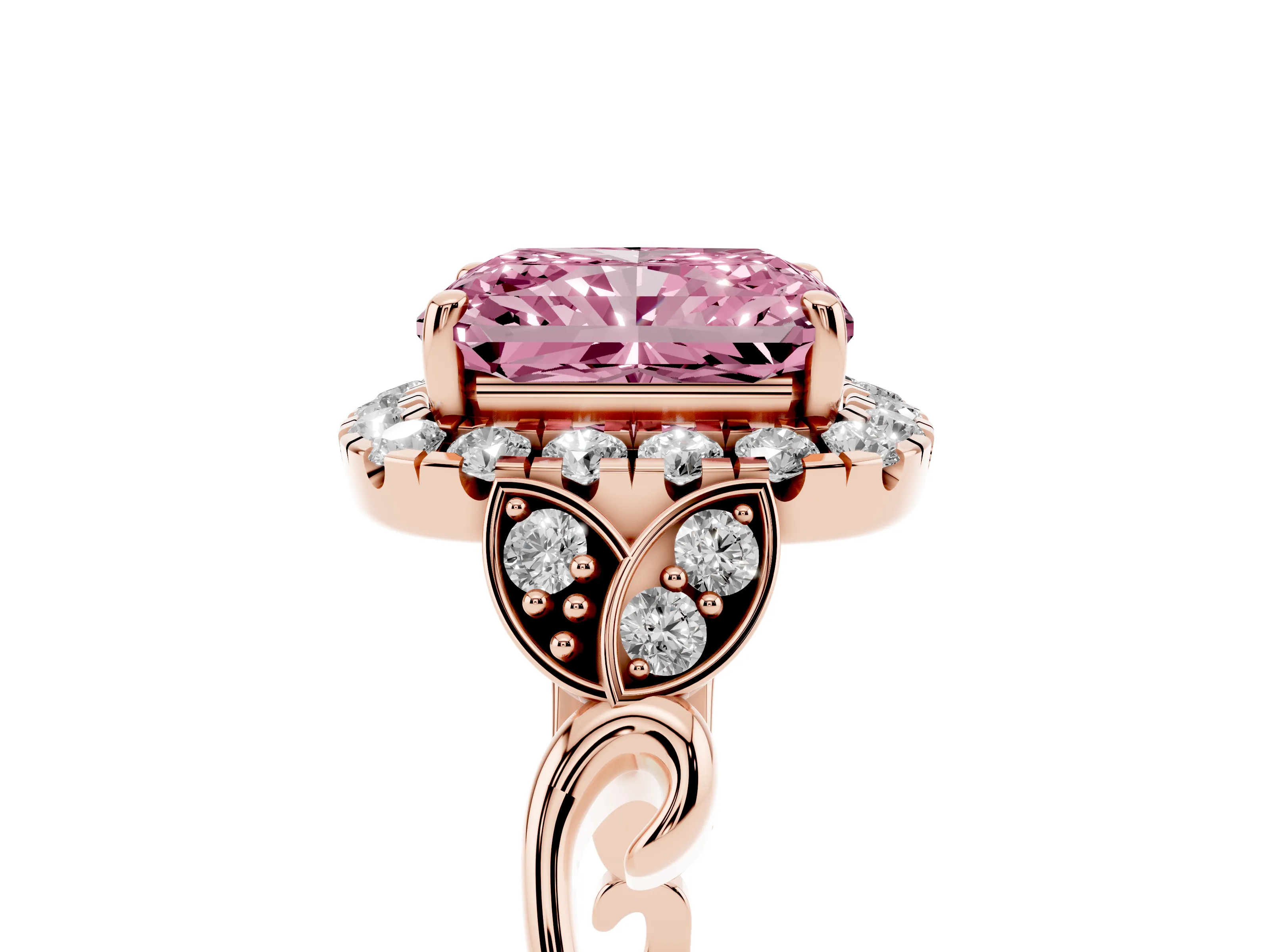 Fancy Pink Radiant Cut Diamond Halo Engagement Ring Set in Rose gold with Vintage-Inspired Band and Prong Setting