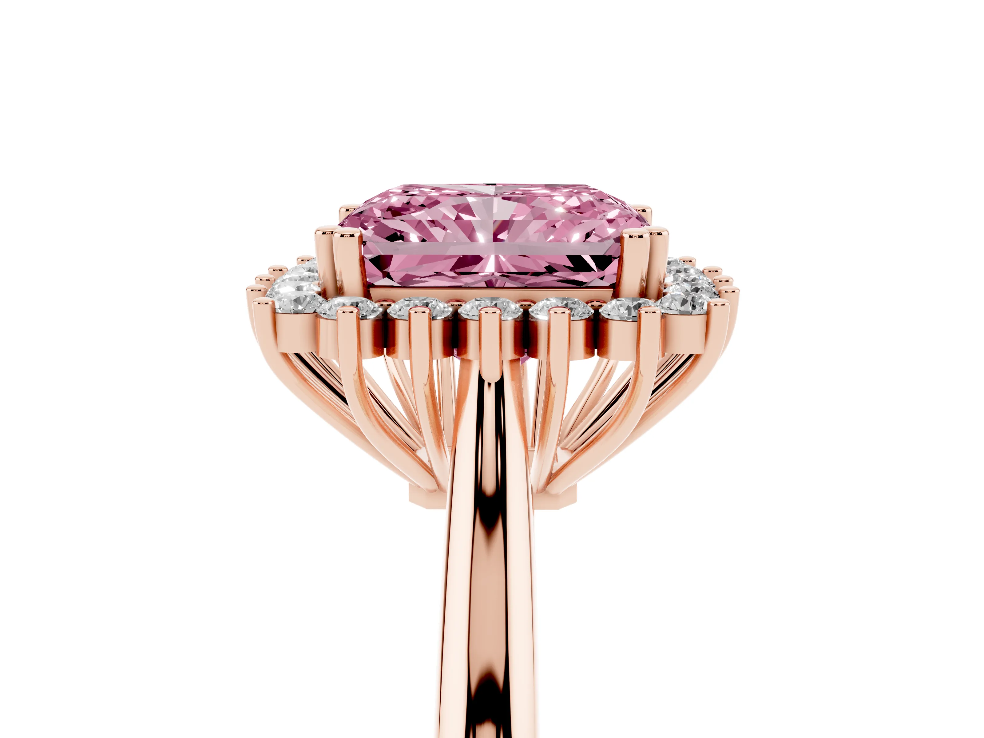 Fancy Pink Radiant Cut Diamond Halo Ring Set in Rose gold with Plain Solitaire Band and Prong Setting