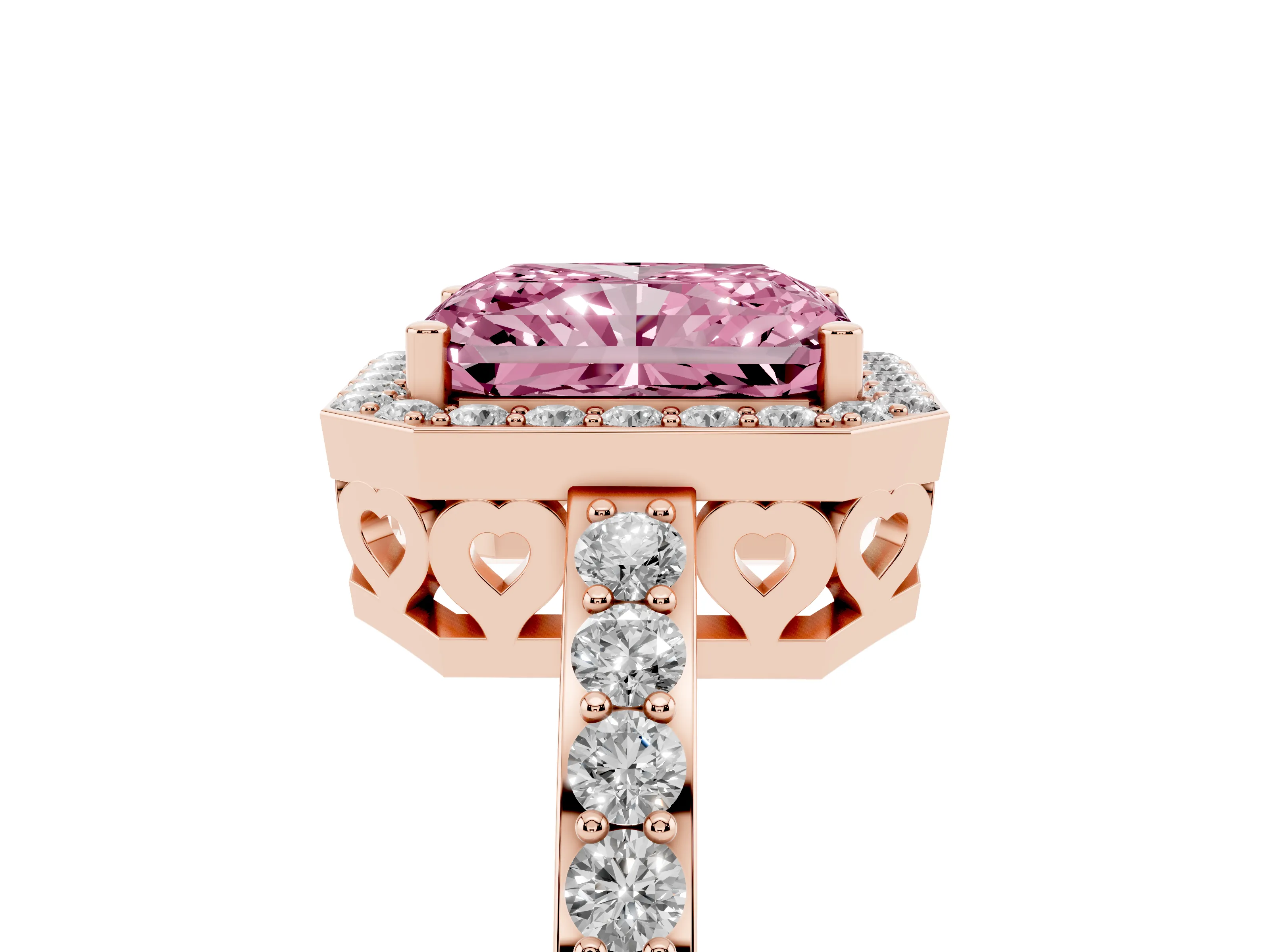 Fancy Pink Radiant Cut Diamond Halo Ring Set in Rose gold with Pavé-Setting Band and Open Prong Center
