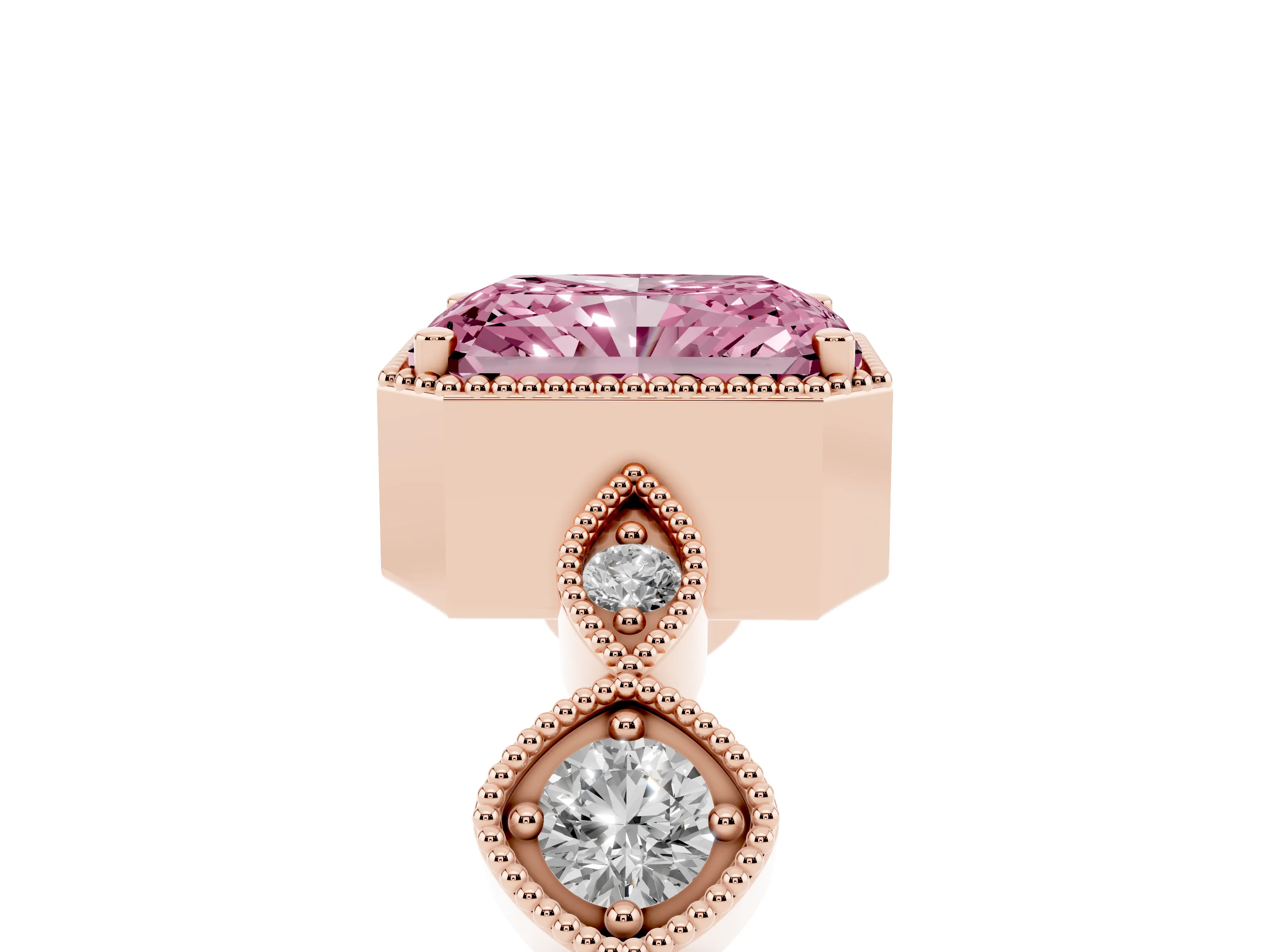 Fancy Pink Radiant Cut Diamond Vintage-Inspired Milgrain Ring Set in Rose gold with Marquise Stations of Round Accents