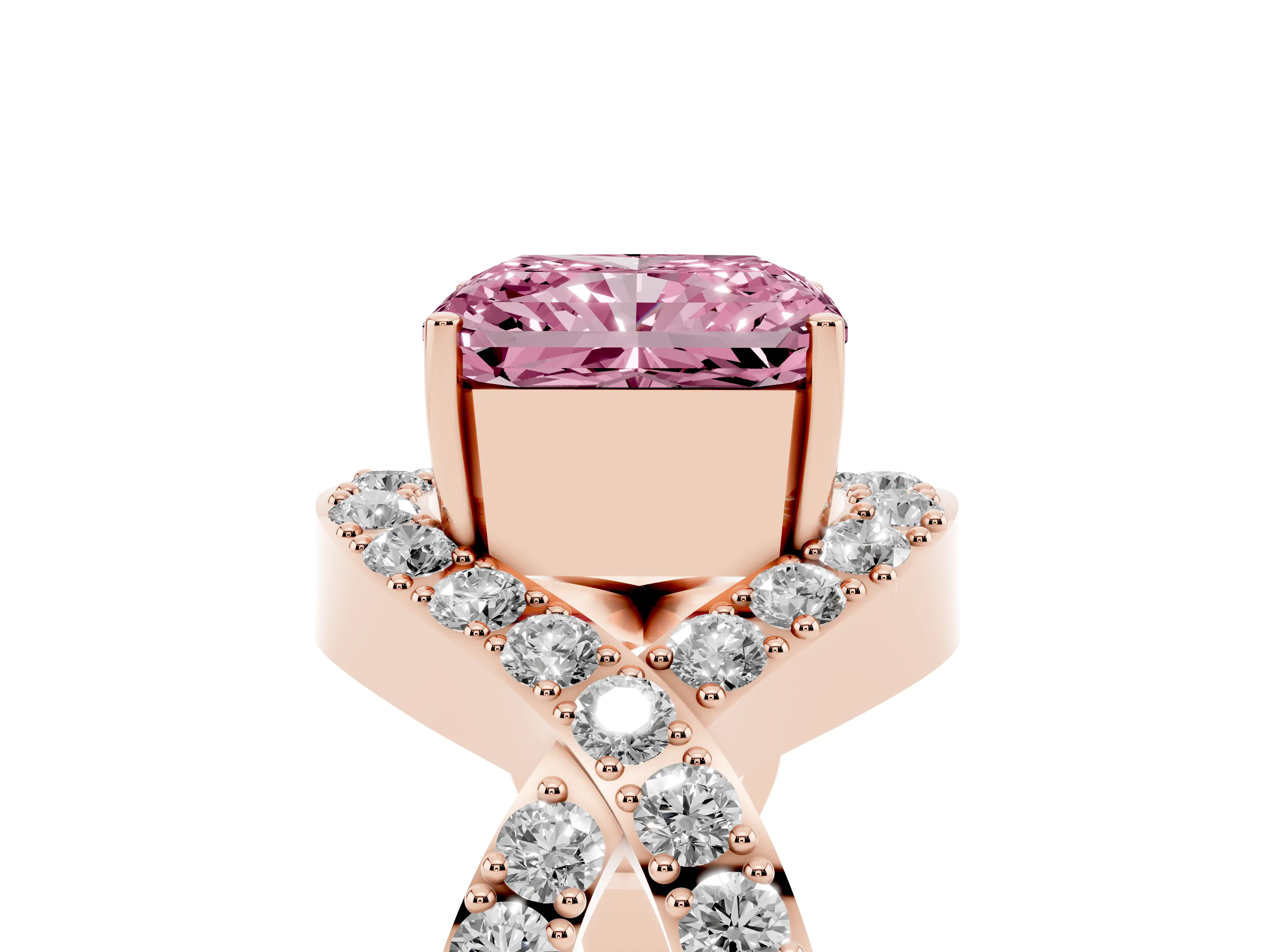 Fancy Pink Radiant Cut Diamond Solitaire Twist Band Pavé Engagement Ring Set in Rose gold