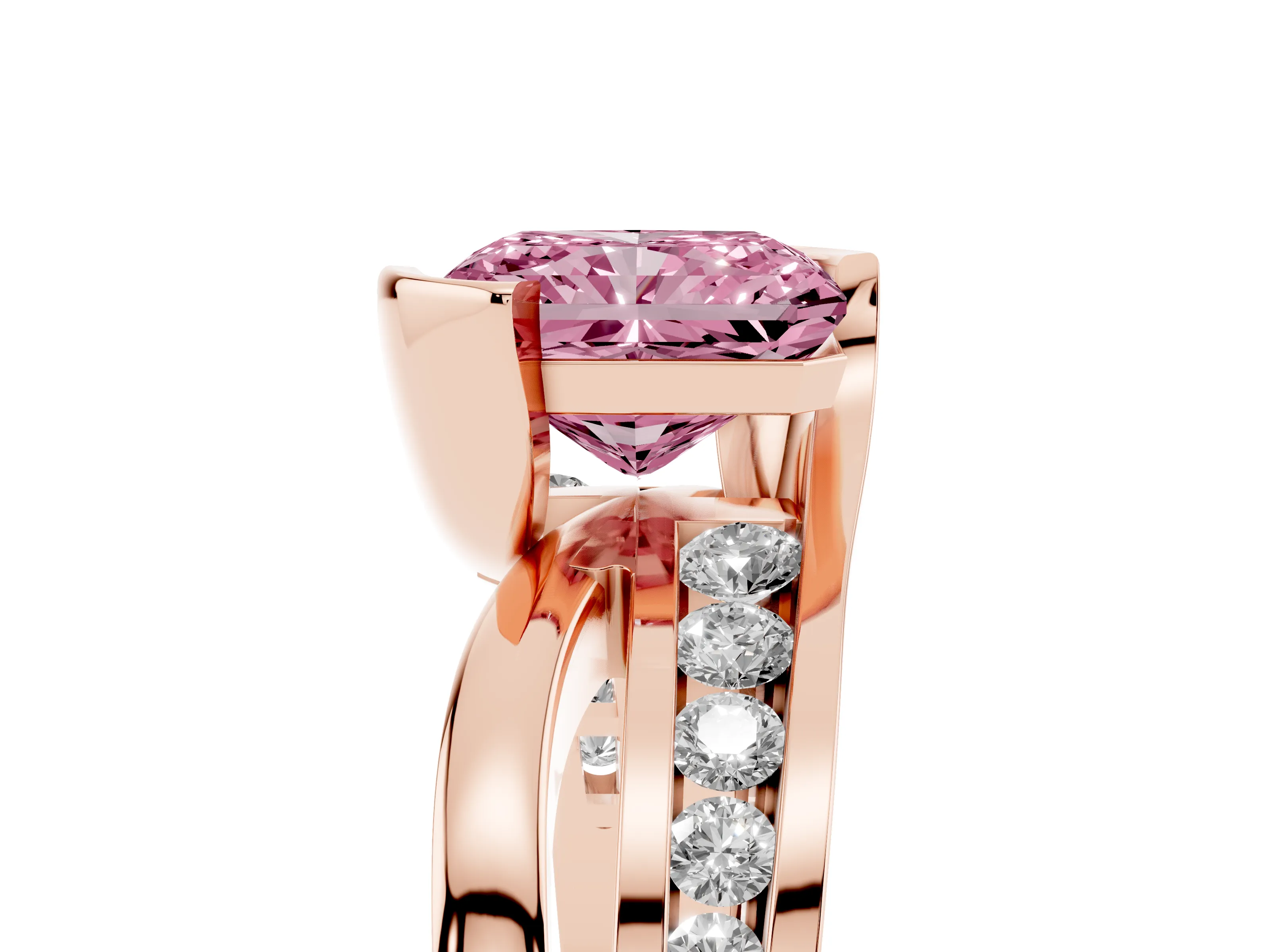 Fancy Pink Radiant Cut Diamond Solitaire Ring Set in Rose gold with Channel Set Split Shank and Tension Prongs