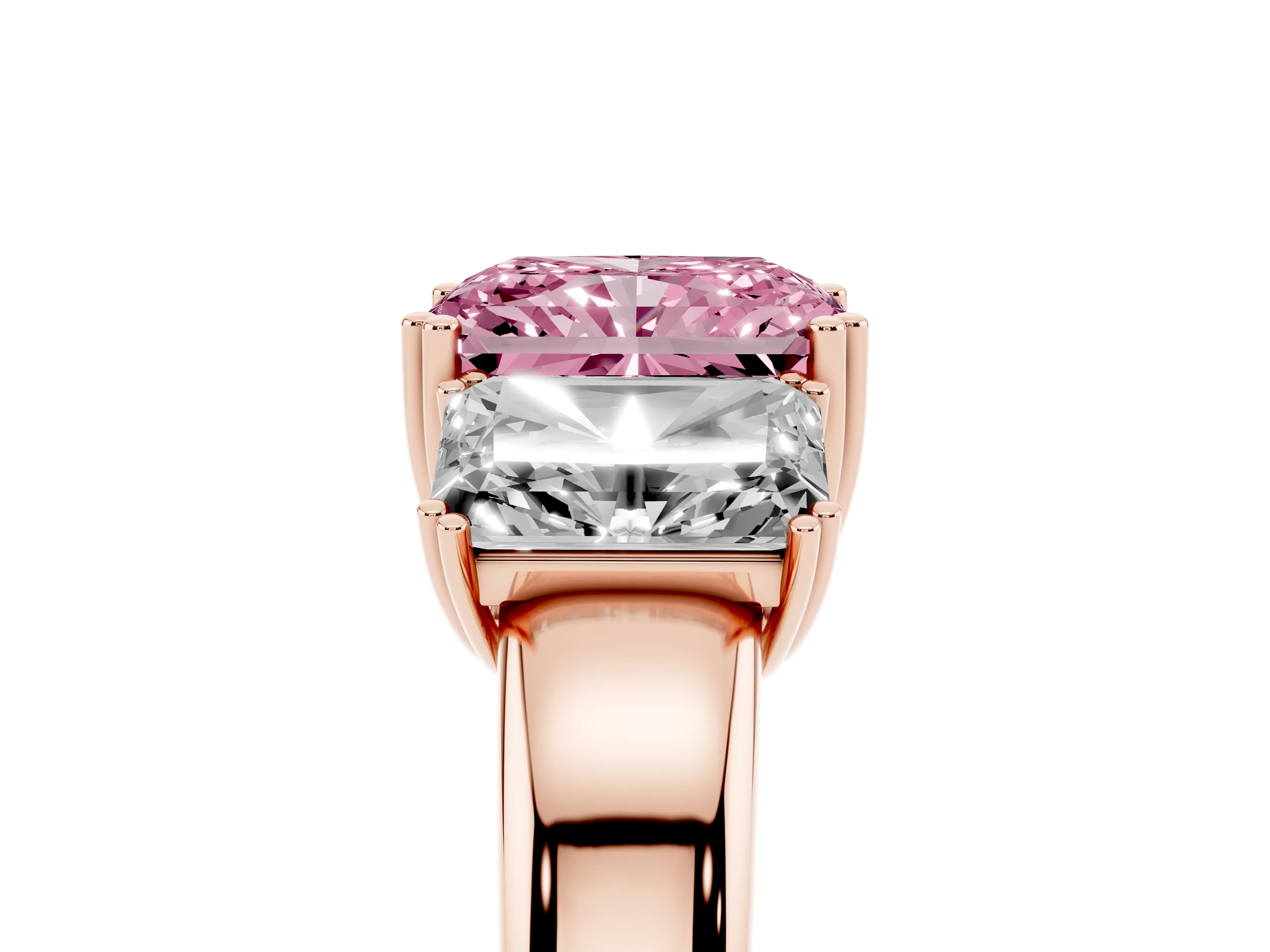 Fancy Pink Radiant Cut Diamond Three-Stone Ring Set in Rose gold with Polished Channel-Set Band
